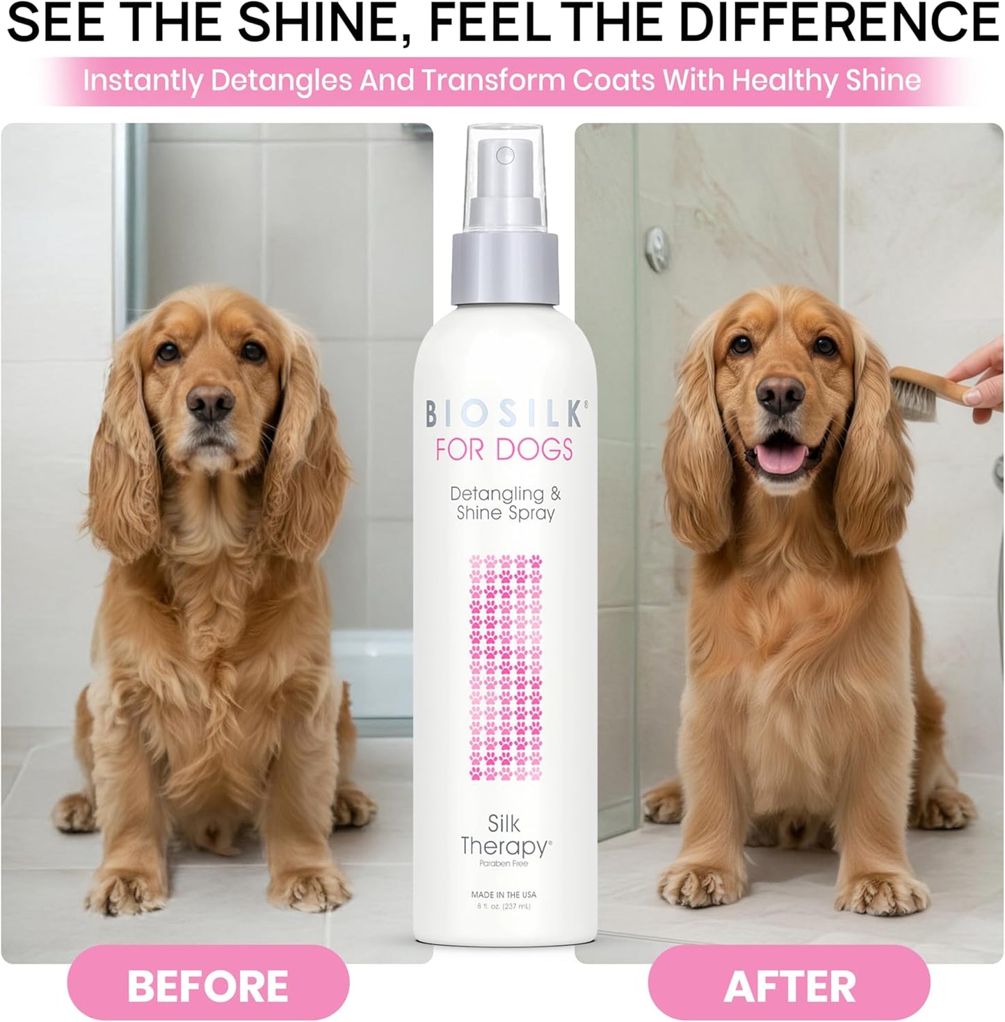 BioSilk for Dogs Detangling Spray with Shine Support, Lightweight Leave In Grooming Mist that Helps Smooth Coats, Detangle, and Add Shine Without Buildup, 8 Fl Oz