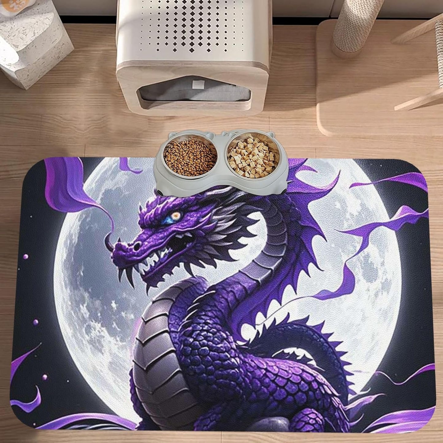 Pet Feeding Mat Leather Dog Food Mat Waterproof Pet Tablecloth Purple Dragon Purple Moon Pet Placemat for Dogs Absorbent Dog Bowl Mat Anti-Slip Dogs Mats for Food and Water