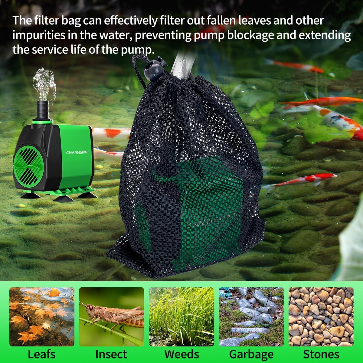 Aquariums Submersible Water Pump 1060GPH 50W[2026 Upgraded] Fountain Pump Hydroponics Fish Pond Pump 4000L/H Outdoor Water Pump for Fish Tank with 5 Nozzles,Filter Bag,Extra-long 8.2ft Power Cord