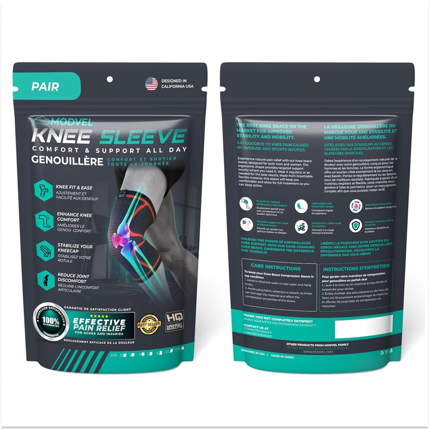 Modvel Compression Knee Brace for Women & Men, 2-Pack Knee Brace for Running Knee Pain, Knee Support Compression Sleeve, Workout Sports Knee Braces for Meniscus Tear, ACL & Arthritis Pain Relief