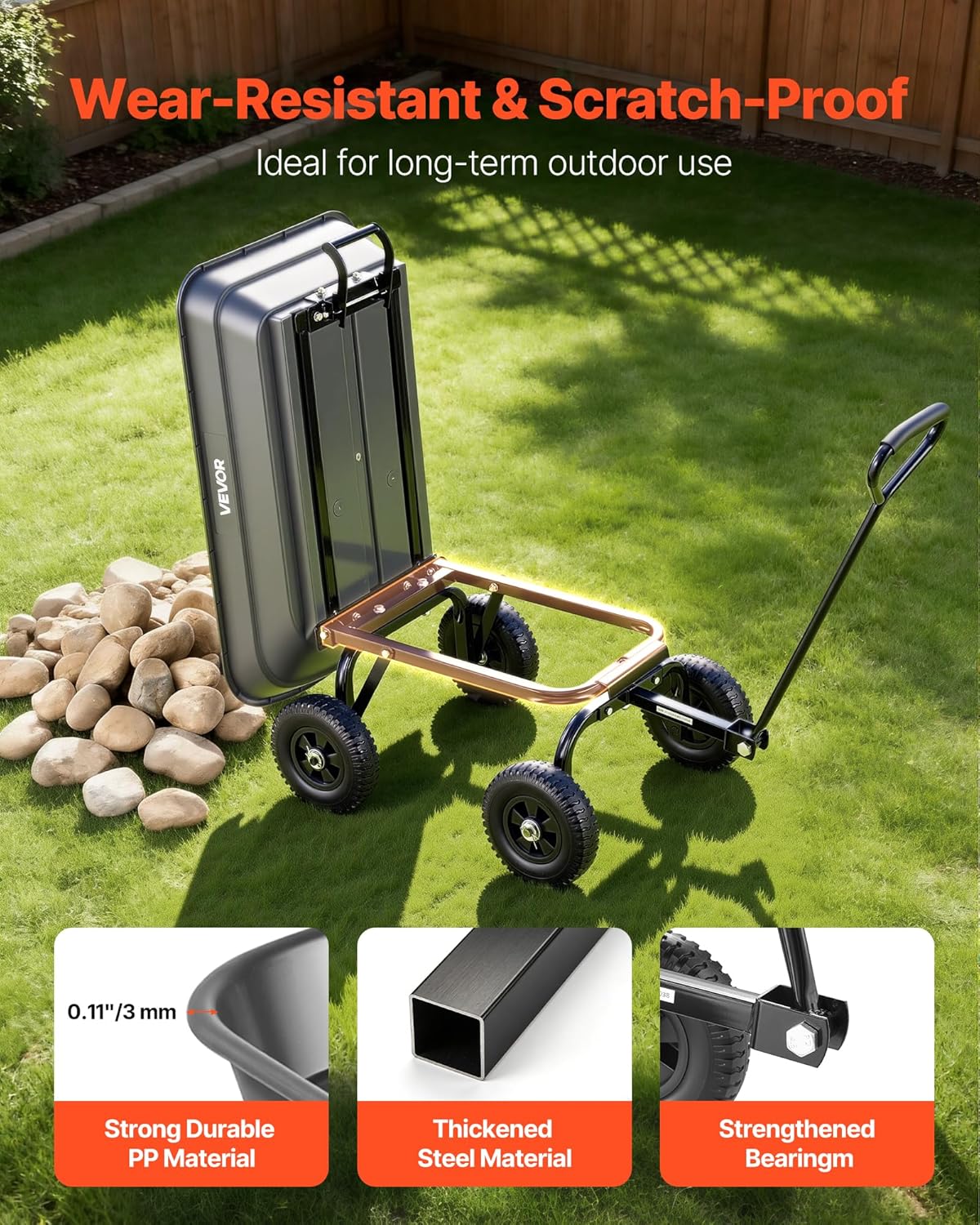 VEVOR 400LBS Wheelbarrow, Poly Garden Dump Cart Wagon with 8" Flat Free Tires, Heavy Duty Wheel Barrow Yard Cart Dump Wagon with Quick-Release System
