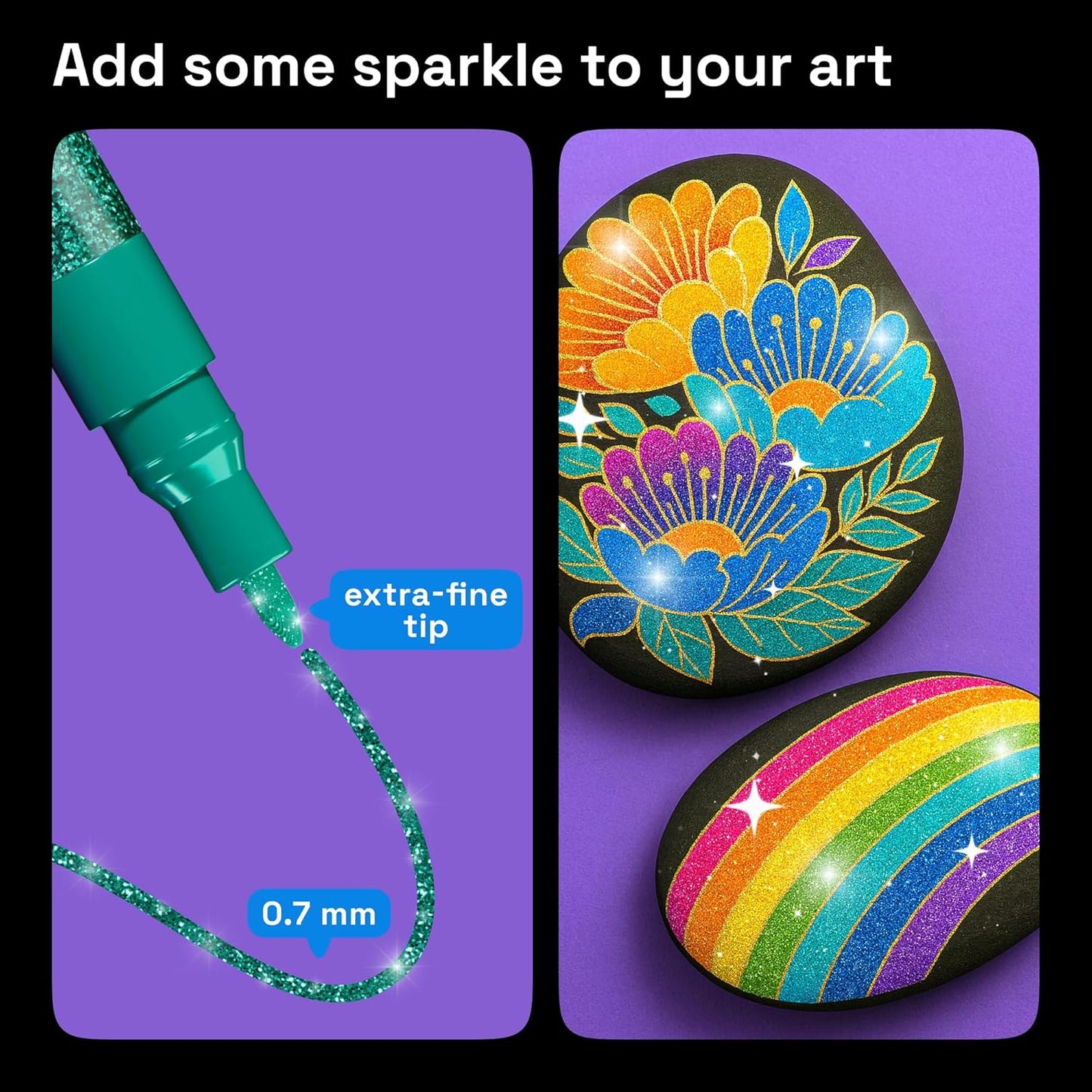 ARTISTRO 12 Glitter Paint Pens for Glass Marking, Rock Painting, Ceramic, Wood, Fabric, Scrapbooking, DIY Craft Making, Coloring - Acrylic Paint Markers Extra-Fine Tip 0.7mm