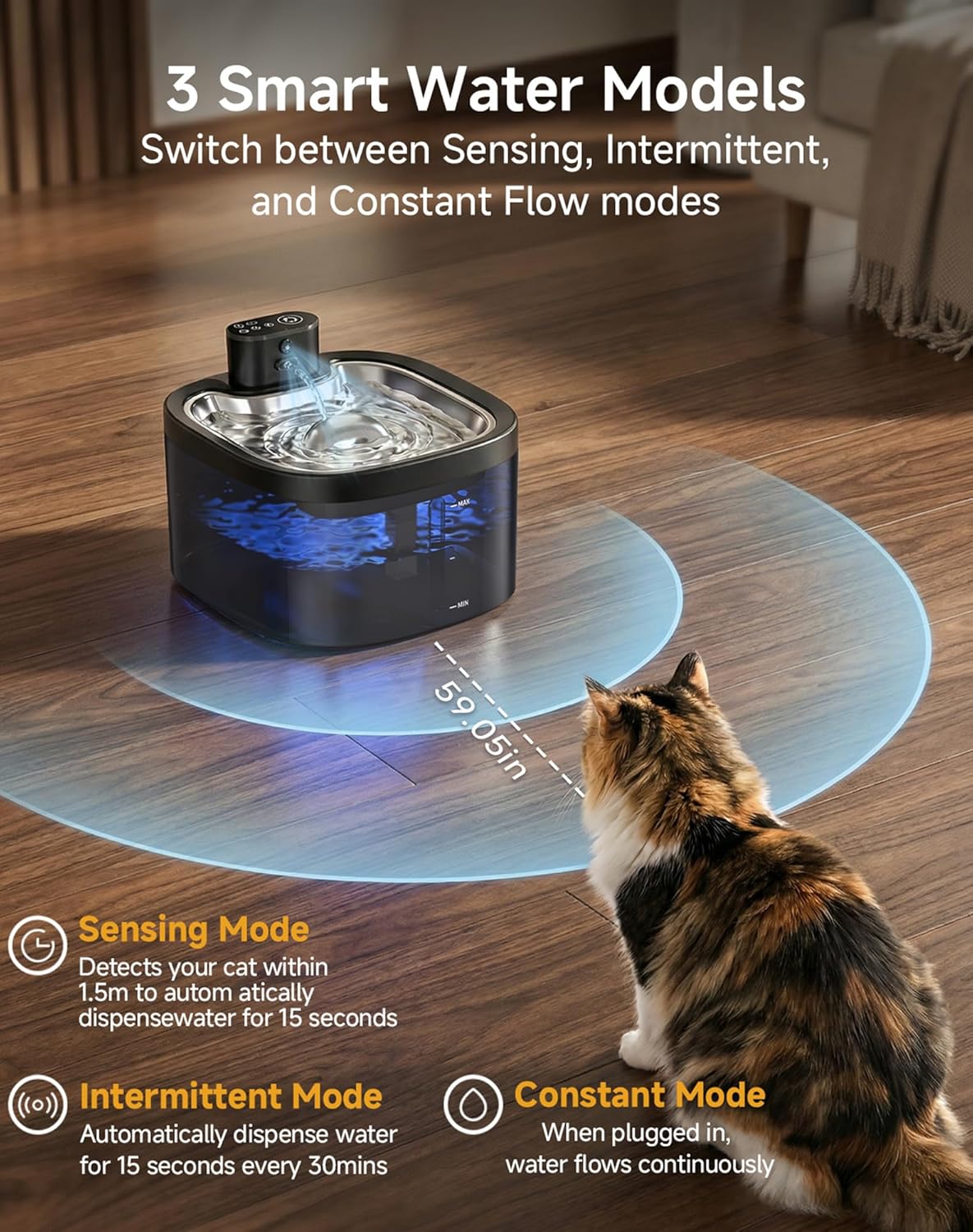 Cat Water Fountain Cordless: Battery Operated 118oz/3.5L Pet Water Fountain for Cats Indoor with Motion Sensor, Stainless Steel Tray, Ultra Quiet, Easy-to-Clean, Gifts for Cats, Dogs (8Filters)