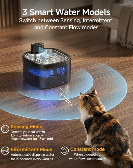 Cat Water Fountain Cordless: Battery Operated 118oz/3.5L Pet Water Fountain for Cats Indoor with Motion Sensor, Stainless Steel Tray, Ultra Quiet, Easy-to-Clean, Gifts for Cats, Dogs (8Filters)