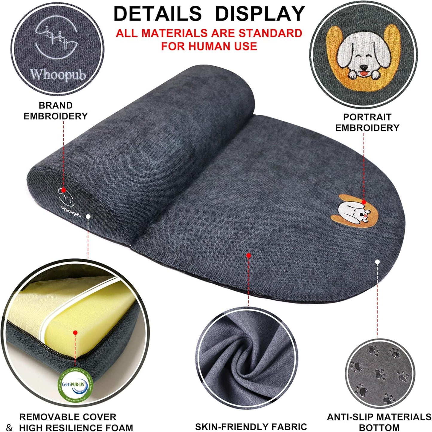 Dog and Cat Bolster Pillow for Medium Dogs and Cats, Benefit for Cervical Vertebra and Neck, Easy to Carry When Traveling, with High Resilience Foam, Machine Washable Cover (Dark Gray, Medium)