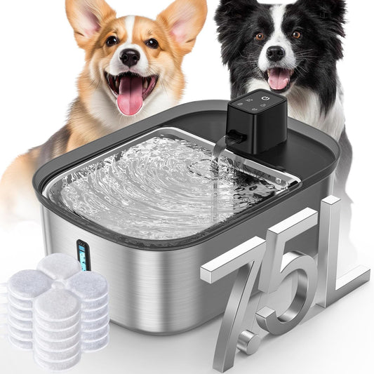 Wireless 7.5l/254oz/2Gal Dog Water Fountain for Large Dogs Stainless Steel, Quiet Pet & Cat Water Fountain with Motion Sensor, Automatic Water Dispenser for Dogs&Multi-Pet Homes with 6psc Filter