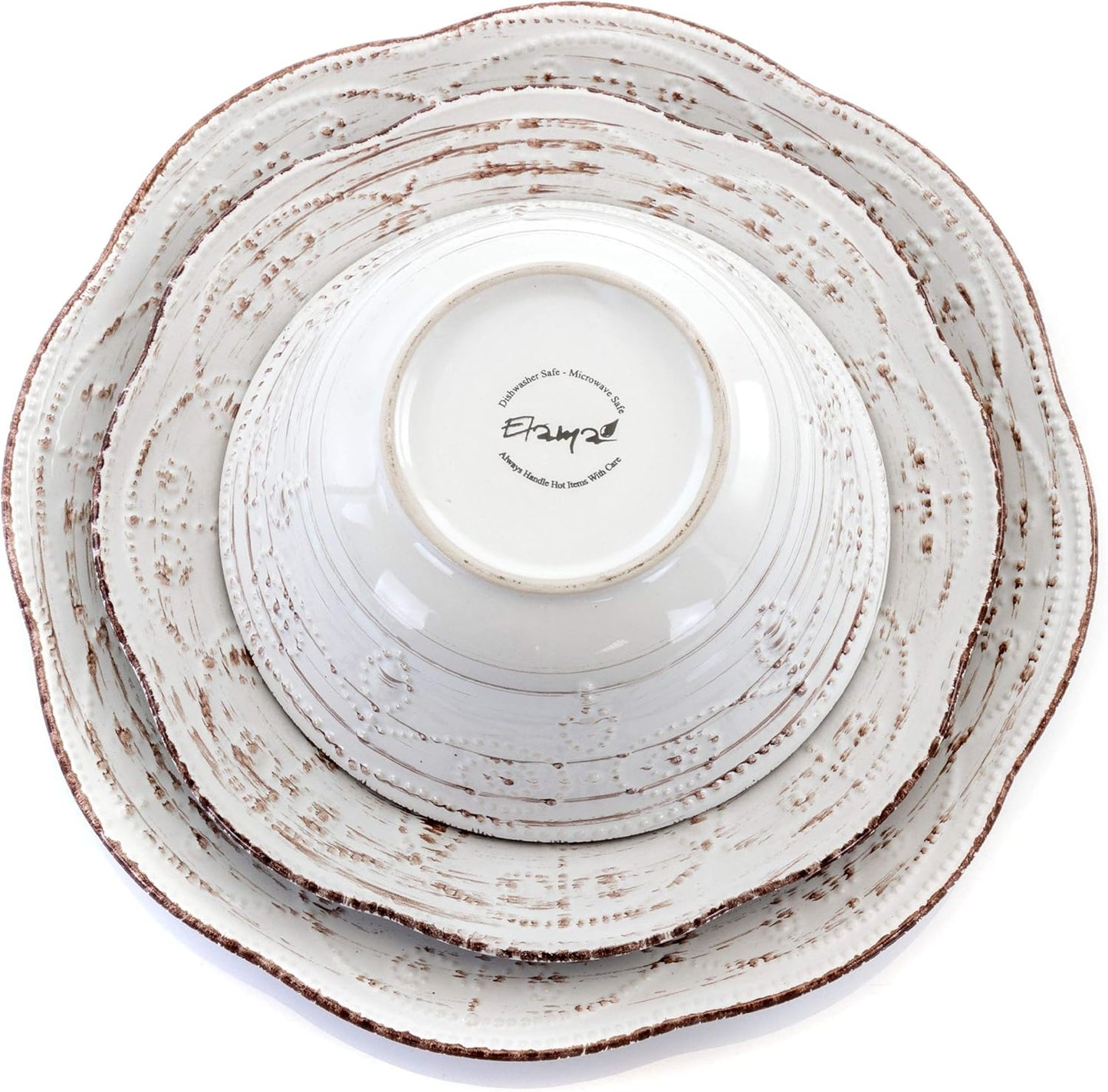 Elama Rustic Birch 16 Piece Embossed Scalloped Stoneware Round Dinnerware Set in White with Brown Accents