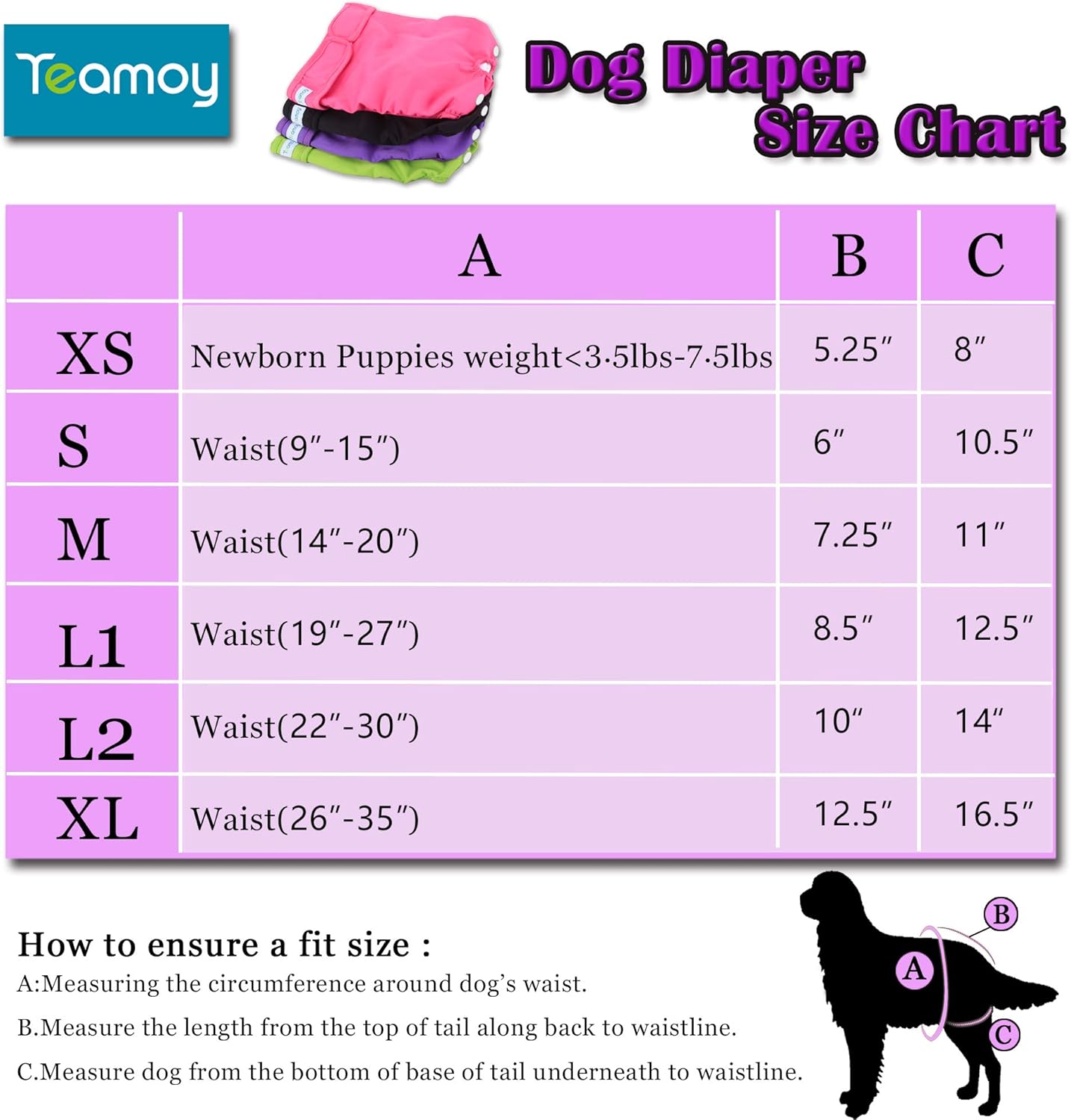 Teamoy 4pcs Washable Female Dog Diapers, Reusable Doggie Diaper Wraps for Female Dogs, Super-Absorbent and Comfortable, Large