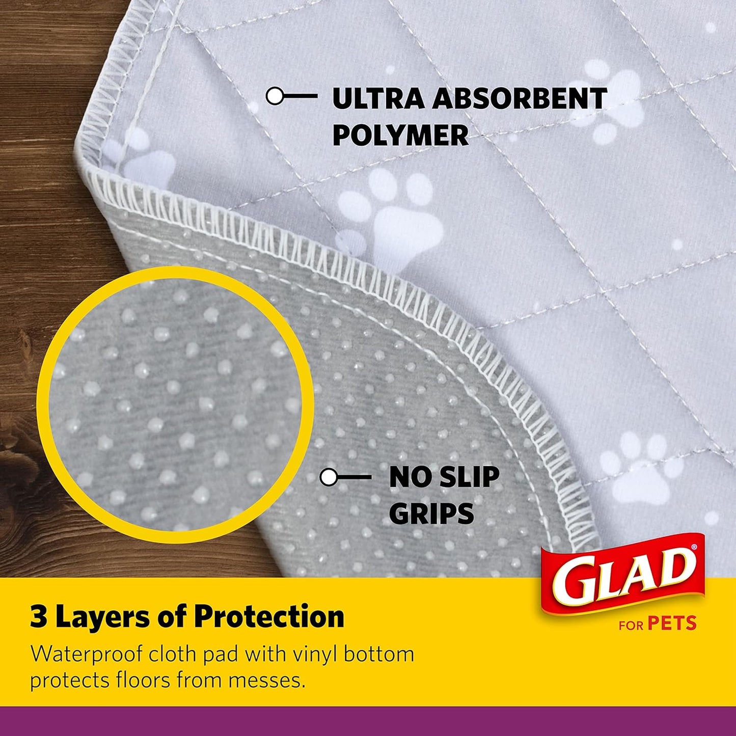 GLAD for Pets Washable Training Pads, Medium Size (24”x36”), 2 Pack Gray with Paw Prints| Re-usable Cloth Dog Training Pads with 3 Layers of Leak Protection and No Slip Grip Vinyl Bottom