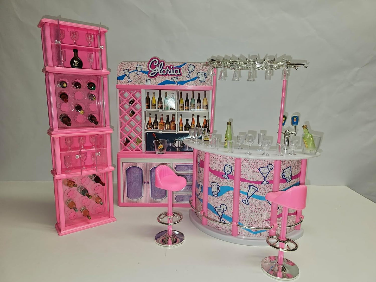Gloria Bar Counter, Wine Racks,Liquor Bottles and Cups for Dolls Accessories