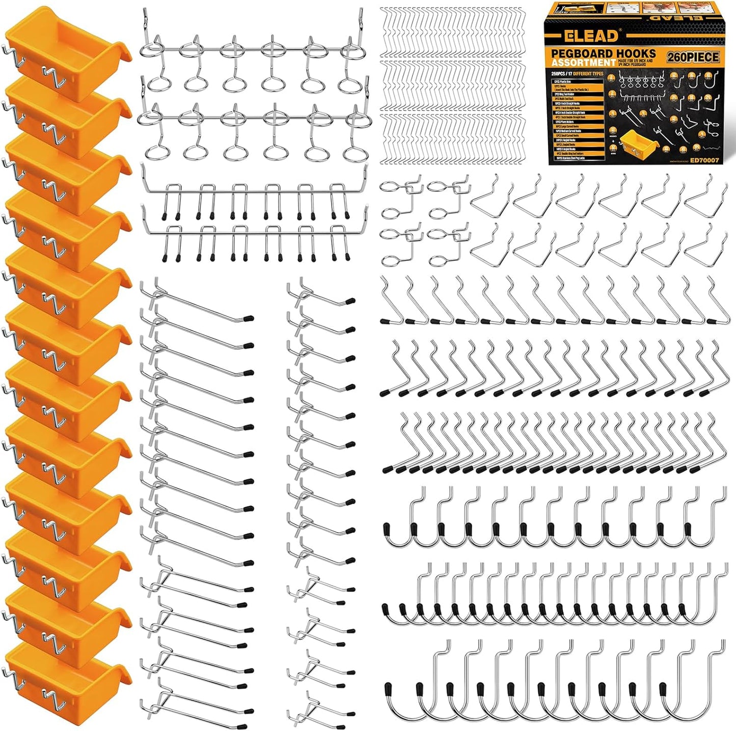 ELEAD 260 Piece Pegboard Hooks 1/8 and 1/4 inch Peg Board Organizer Accessories with Pegboard Bins for Organizing Various Tools in The Garage, Workshop & Craft Room
