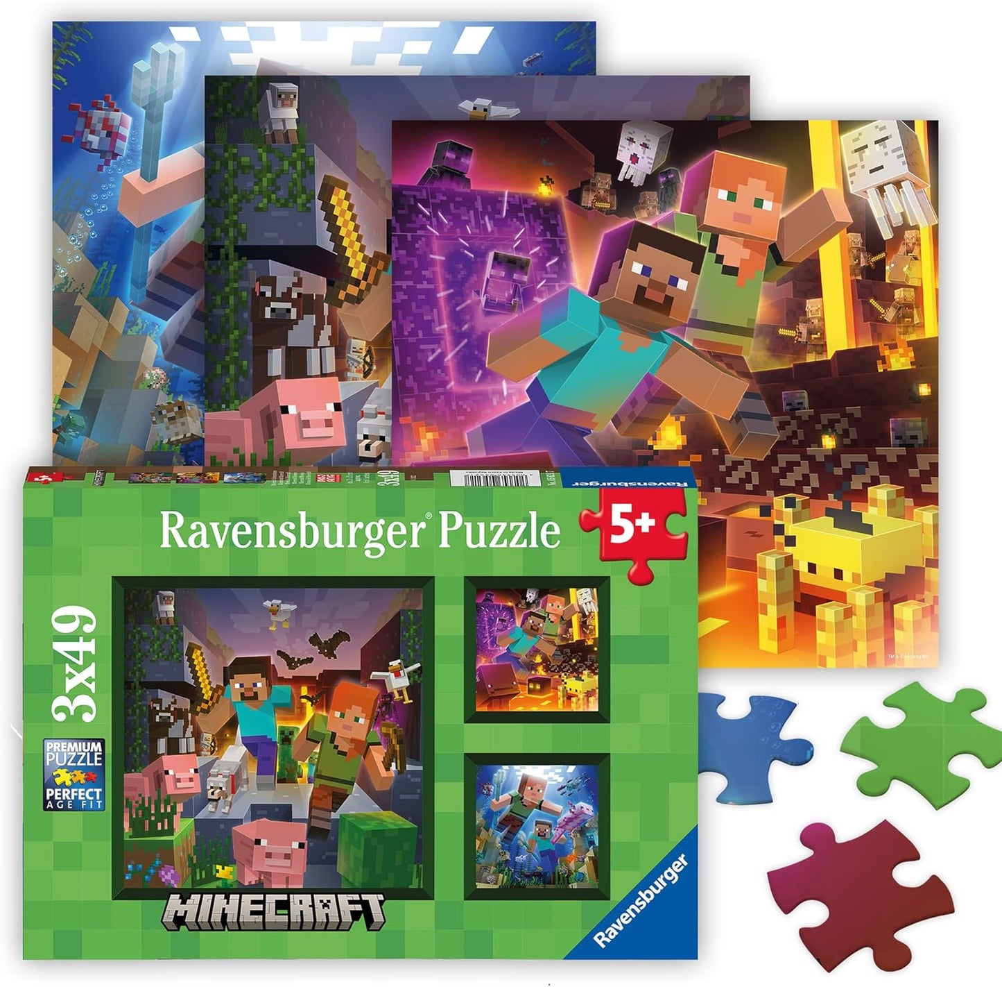 Ravensburger - Minecraft Biomes - 49 Piece Jigsaw Puzzle 3-Pack Set - Pixelated Forests, Oceans & More - Bright, Stunning Imagery - Premium Quality - Ideal Gift - Screen-Free Fun - Children Age 5+