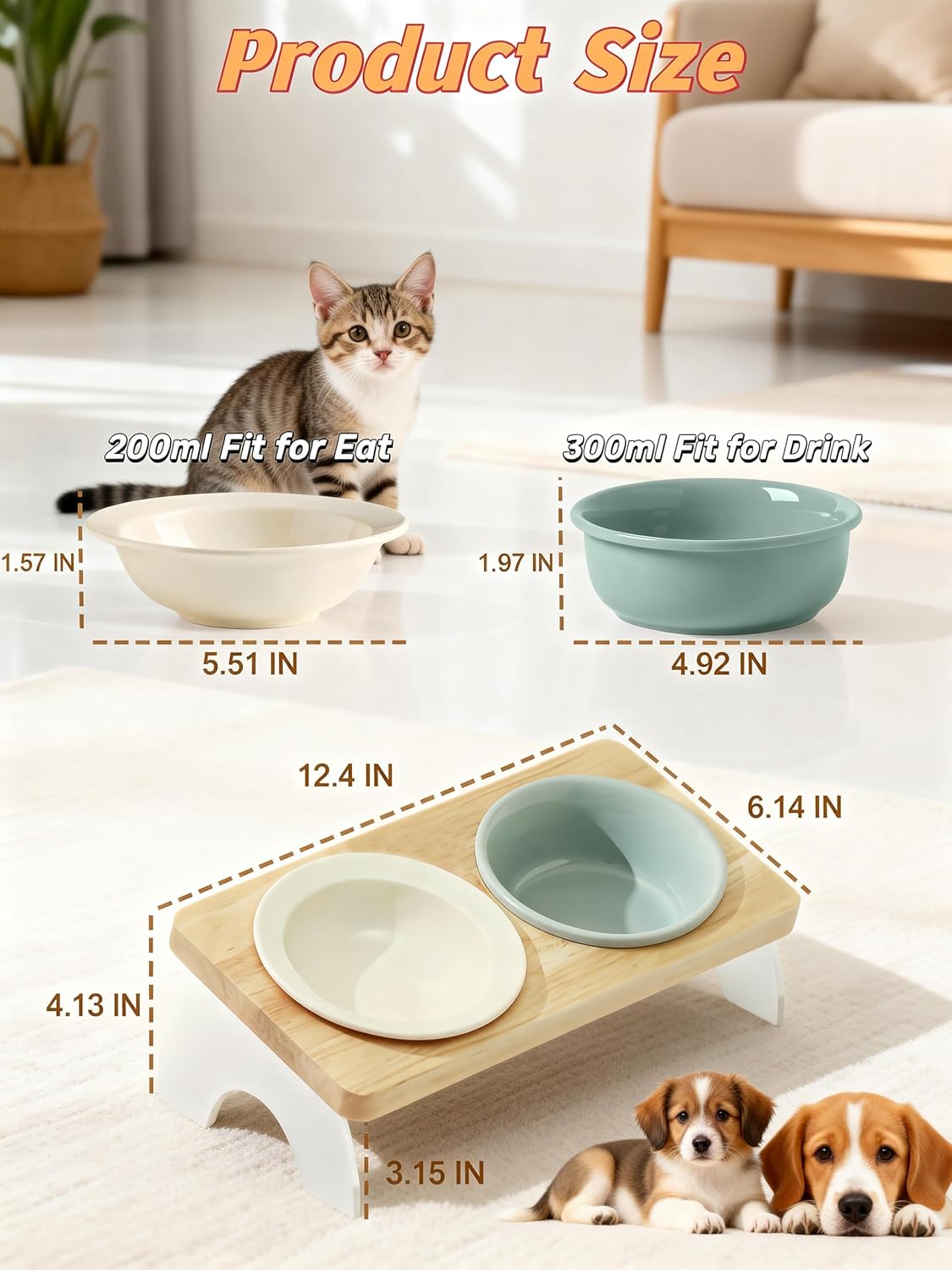 Elevated Cat Dog Bowl with Double Ceramic Bowls