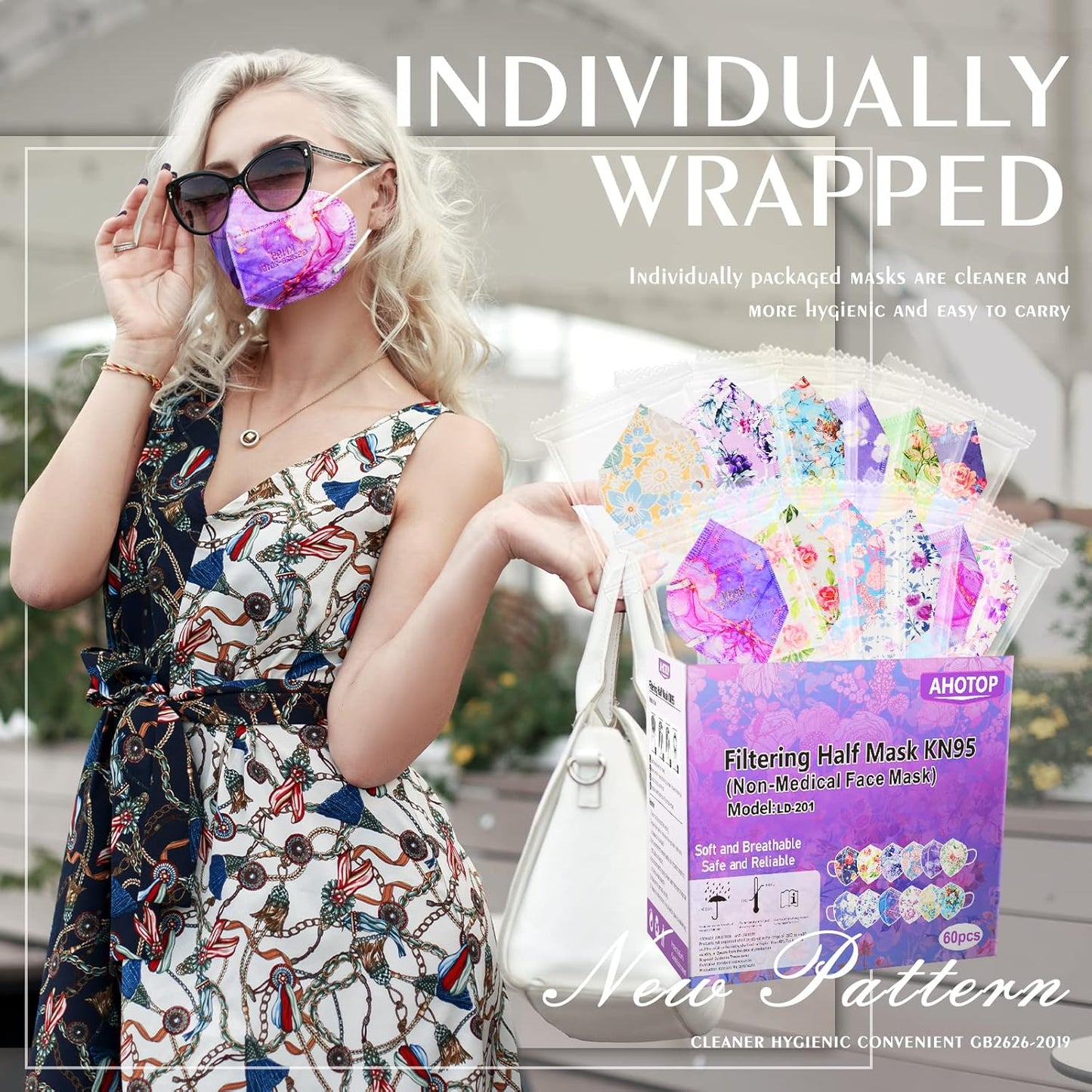 KN95 Face Masks, 60 Pack Individually Wrapped KN95 Masks, 5 layer Colorful Floral Face Mask with Design for Adults Women Men