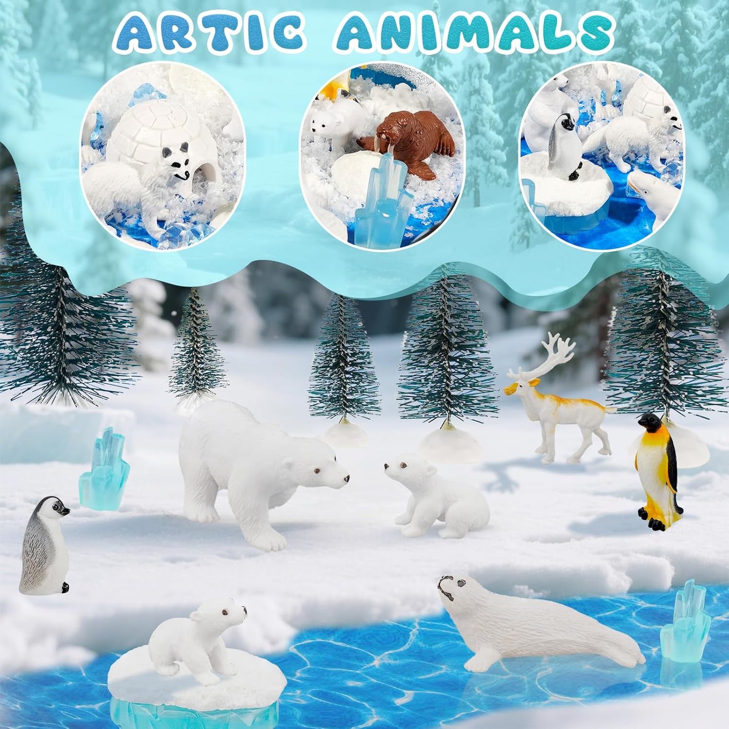 Warmtree 46 Pcs Arctic Animals Figurines Set Includes 22 Polar Bear Penguin Animals Figurines 6 Mini Pine Trees 18 Artificial Lceberg Fake Snow Ripple Water Sticker Ocean Habitat Diorama Supplies