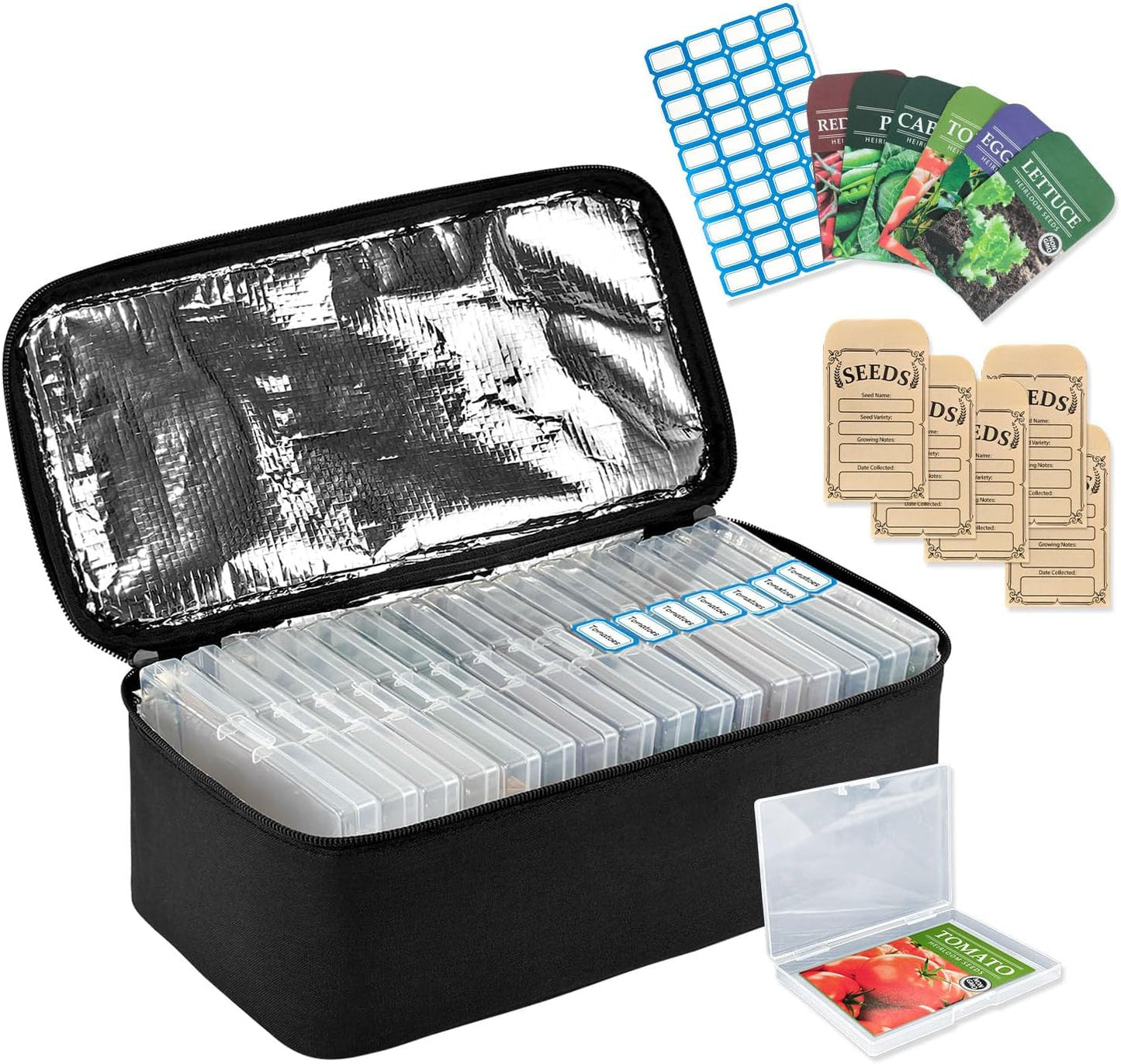 Boczif 16 Slot Seed storage Organizer Box with Insulated Bag, Envelopes Bag and Label Stickers, Garden Seed Container for Packets, Plant, Flower, Vegetable