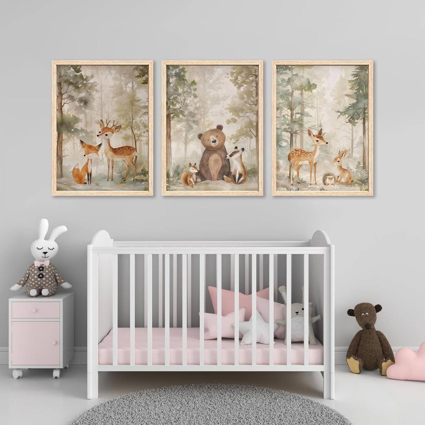 ICHZUMW Woodland Nursery Decor Wall Art Set of 3, Cute Forest Friend Animal Canvas Prints Bear Fox Deer Pictures, Nature Watercolor Paintings, Baby Room Kids Bedroom Playroom, Neutral Artwork 12x16in