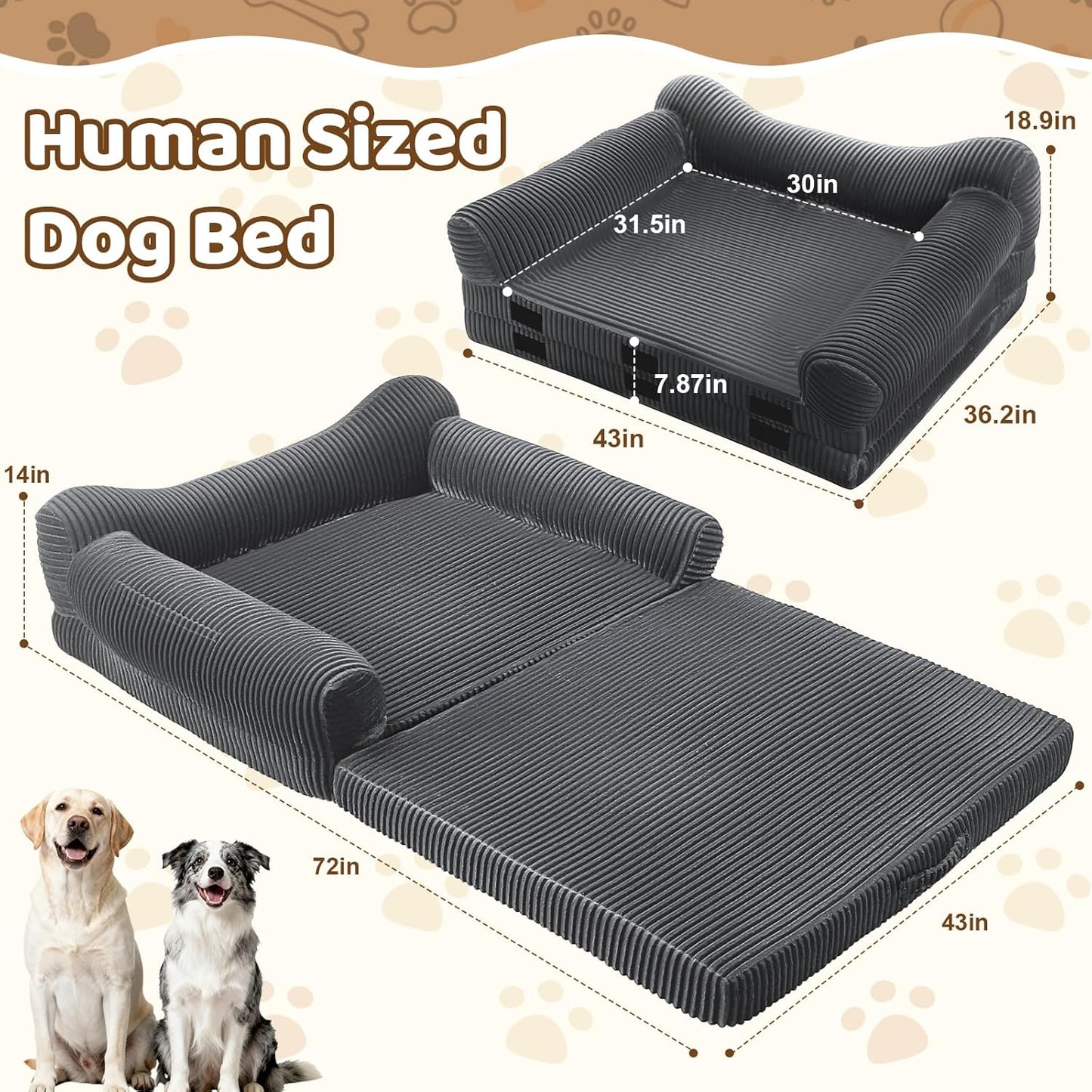 Foldable Human Dog Bed for Adult, 72"x43"x14" Giant Floor Bed for People & Pets with Orthopedic Memory Foam Sofa Bed Portable, Waterproof Machine Washable Cover, Dark Grey