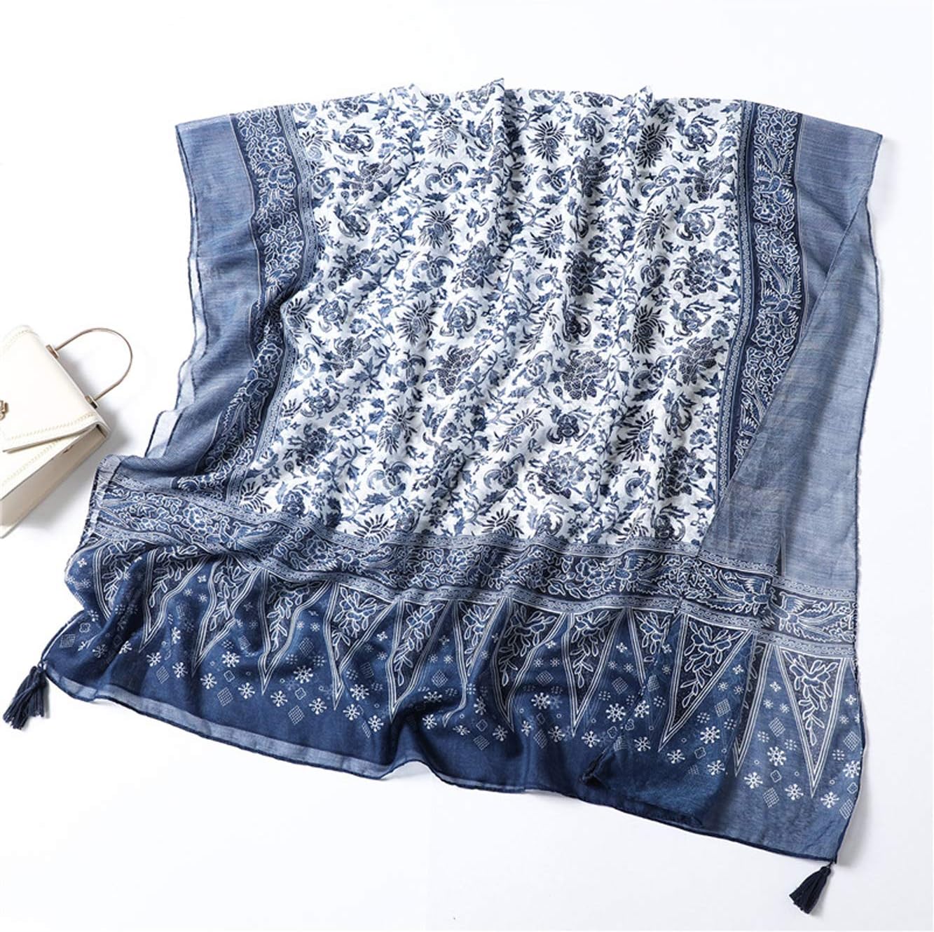 GUZOSJO Women's Boho Cotton Hemp Lightweight Floral Printed Scarf Long Shawl Wrap Scarf Head Shawl for Fall Spring