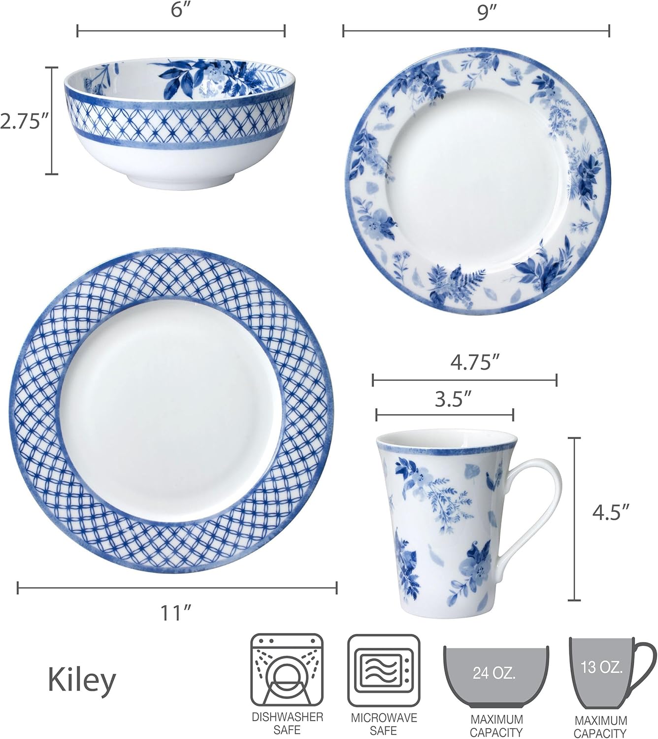Mikasa Kiley Bone China Lightweight Chip Resistant 16 Piece Dinnerware Set, Service for 4,Blue and White
