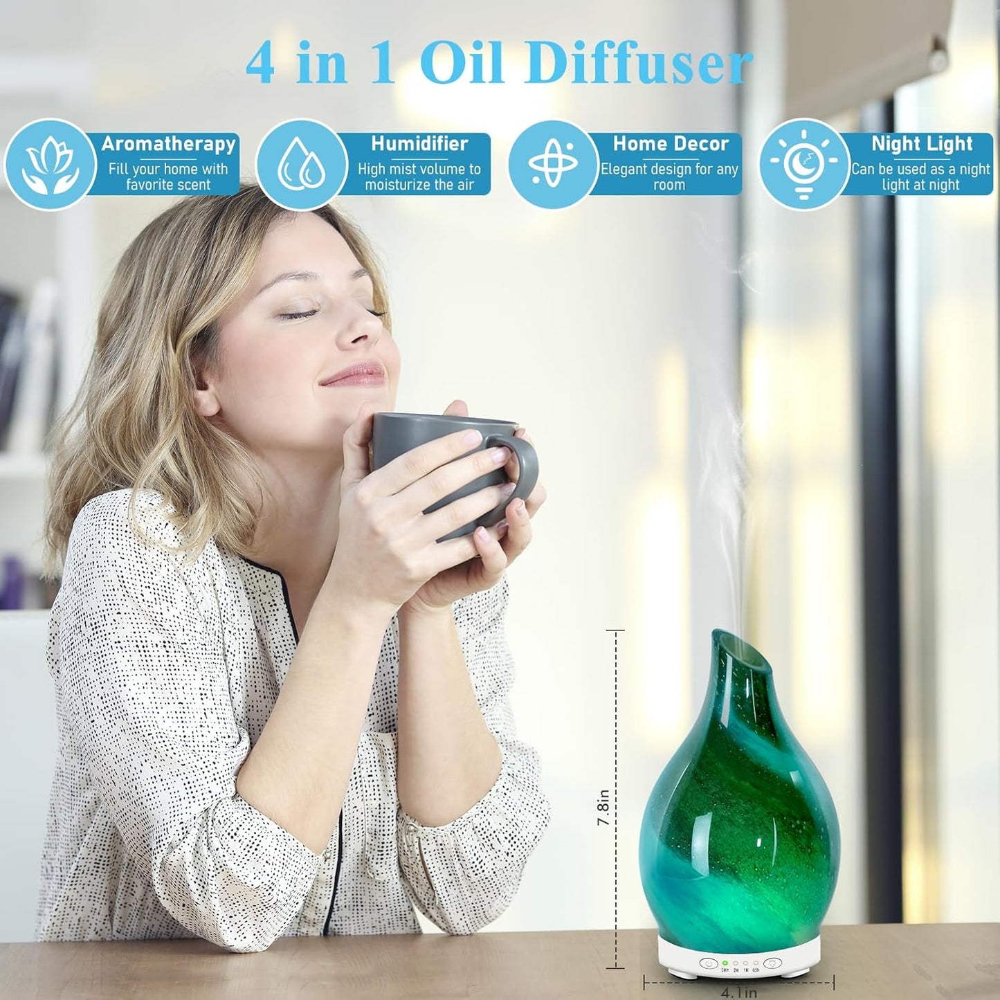 Essential Oil Diffuser 120ML Glass Aromatherapy Diffuser with 4 Timer Settings & 7 Color Changing Lights, Auto Shut-Off, Ultra Quiet Oil Diffuser for Home, Office, Yoga, Spa and Sleeping