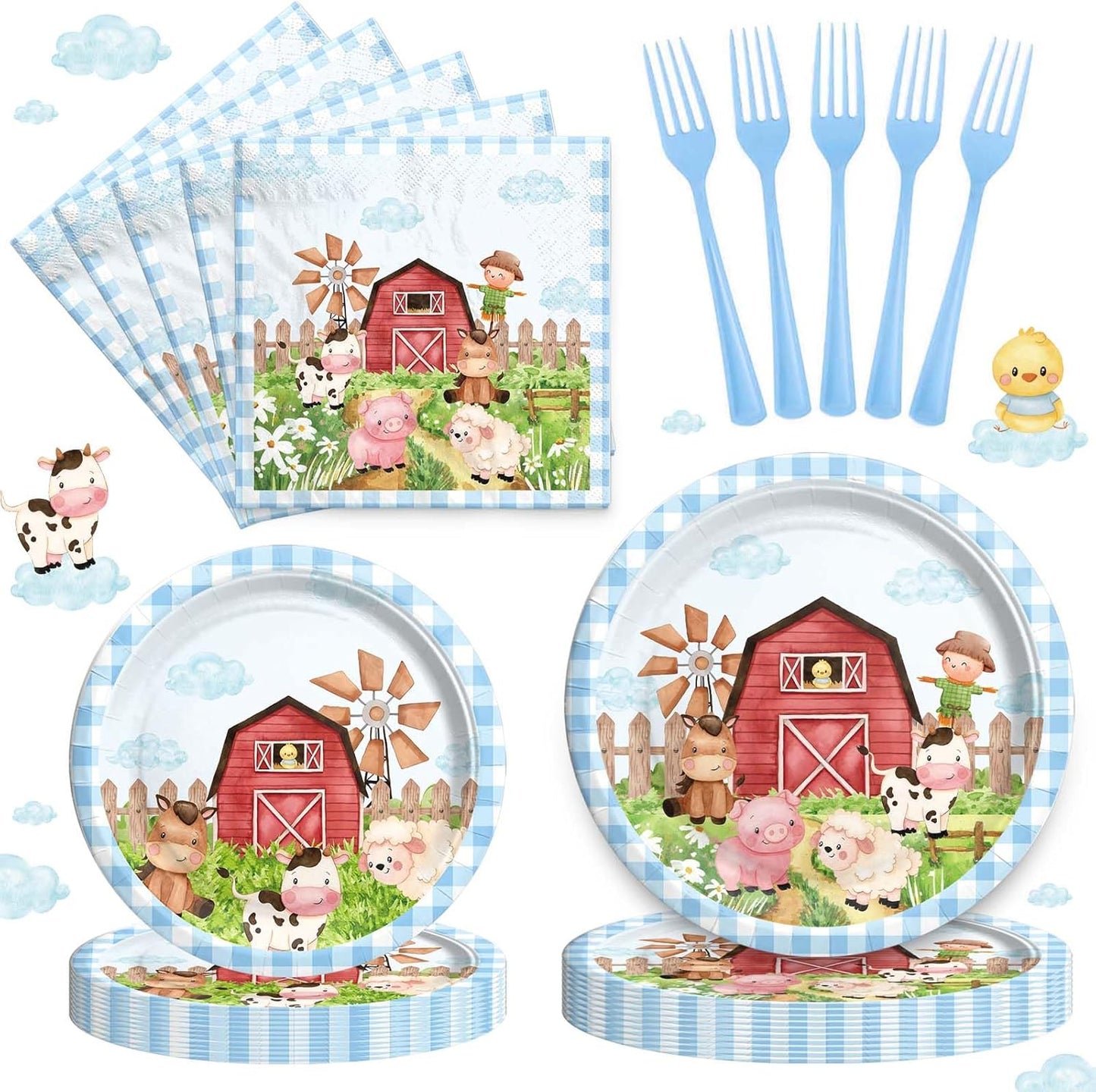 Farm Birthday Party Supplies for Boys Tableware Set, Farm Birthday Decorations, Farm Animal Birthday Décor Boy, Blue Farm Animal Themed Plates Napkins Forks, Serves 24 Guests