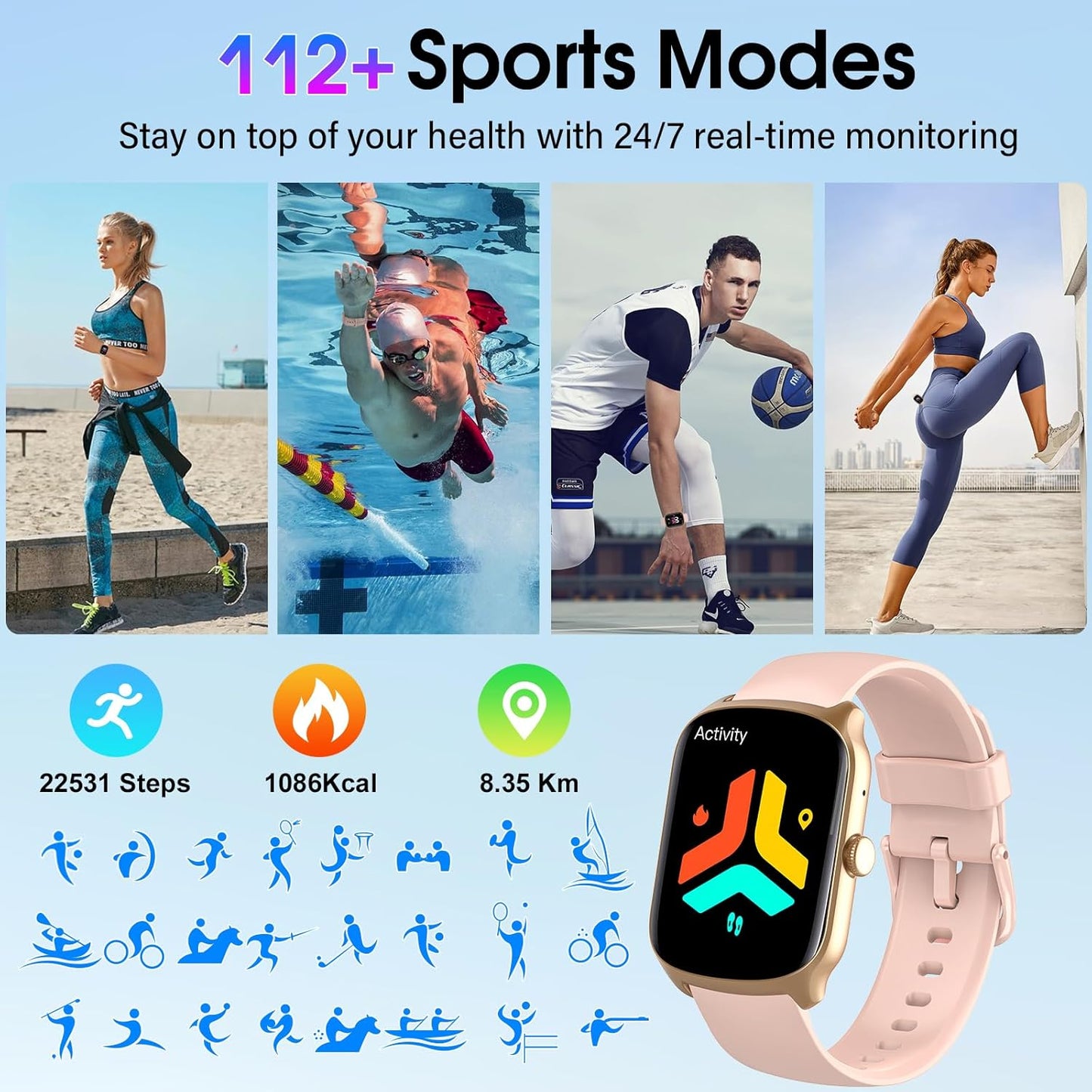 Smart Watch for Men Women, 1.95"HD Smartwatch (Dial/Answer Calls), Heart Rate/Sleep Monitor Fitness Smartwatch, Curved Screen Watches, 112+ Sports Modes Activity Trackers,IP68 Waterproof, Pink