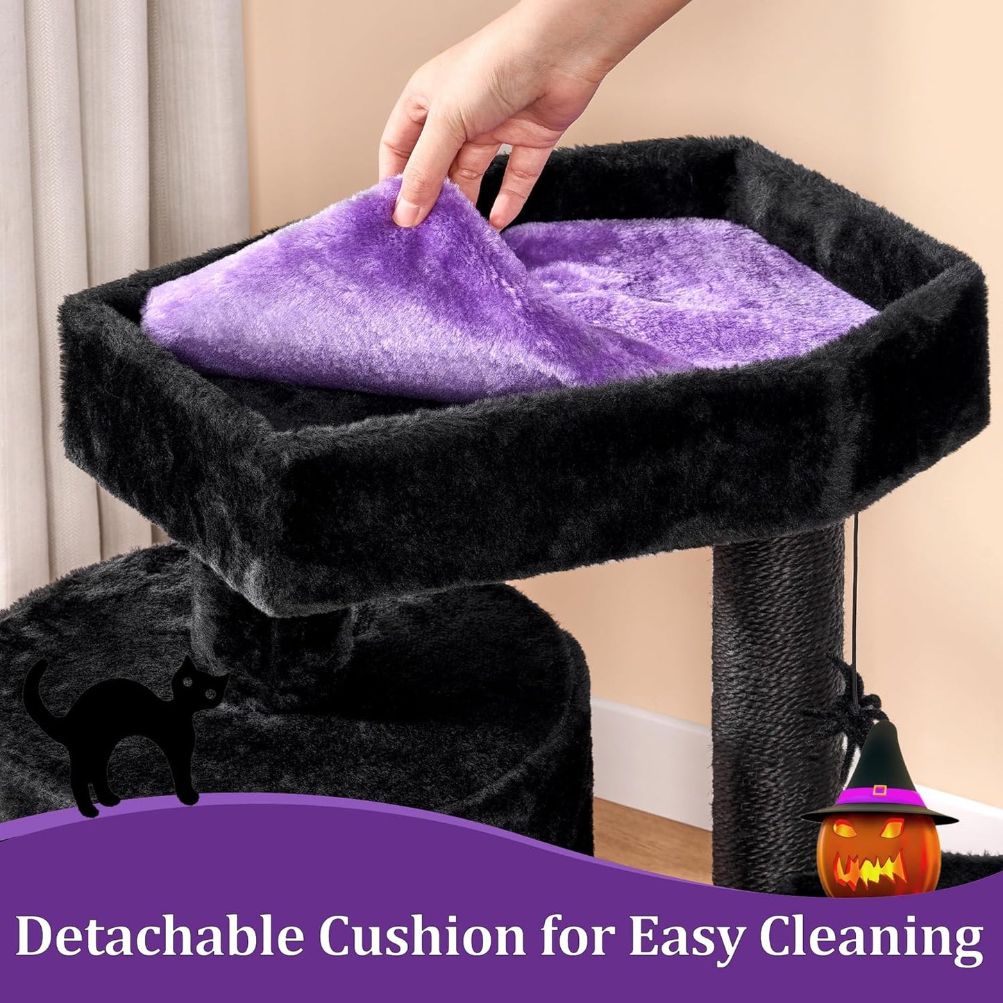 BEWISHOME Cat Tree, Gothic Cat Tree with Coffin Bed, Goth Cat Tree Tower with Scratching Posts, Cat Shelves for Kittens, Spider Toy, Black and Violet Small MMJ93Z