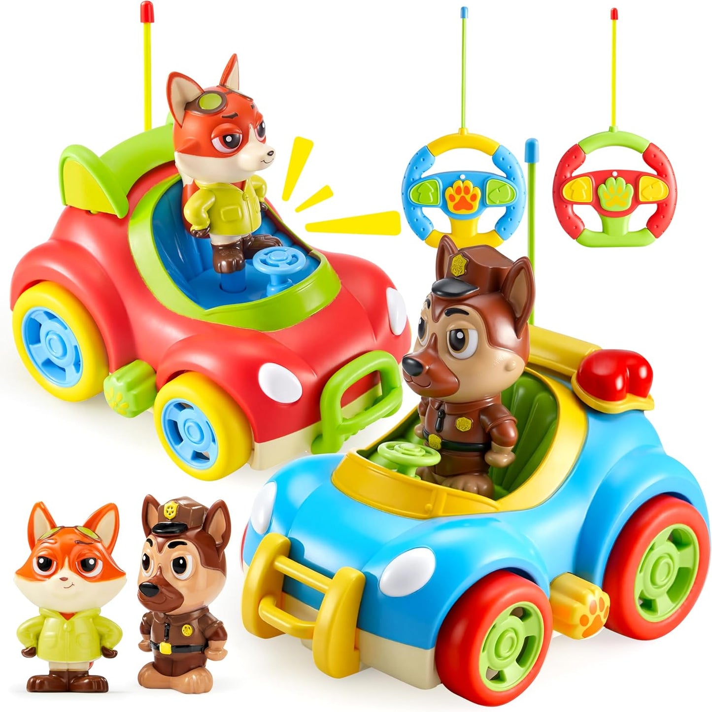 lalalark JOVA 2 Pack Remote Control Car for Toddlers, RC Cars with Cartoon Figure, Kids Toy Bumper Cars with LED Lights and Sounds, Light Up Car with Music, Christmas Birthday Gift for Boys Girls