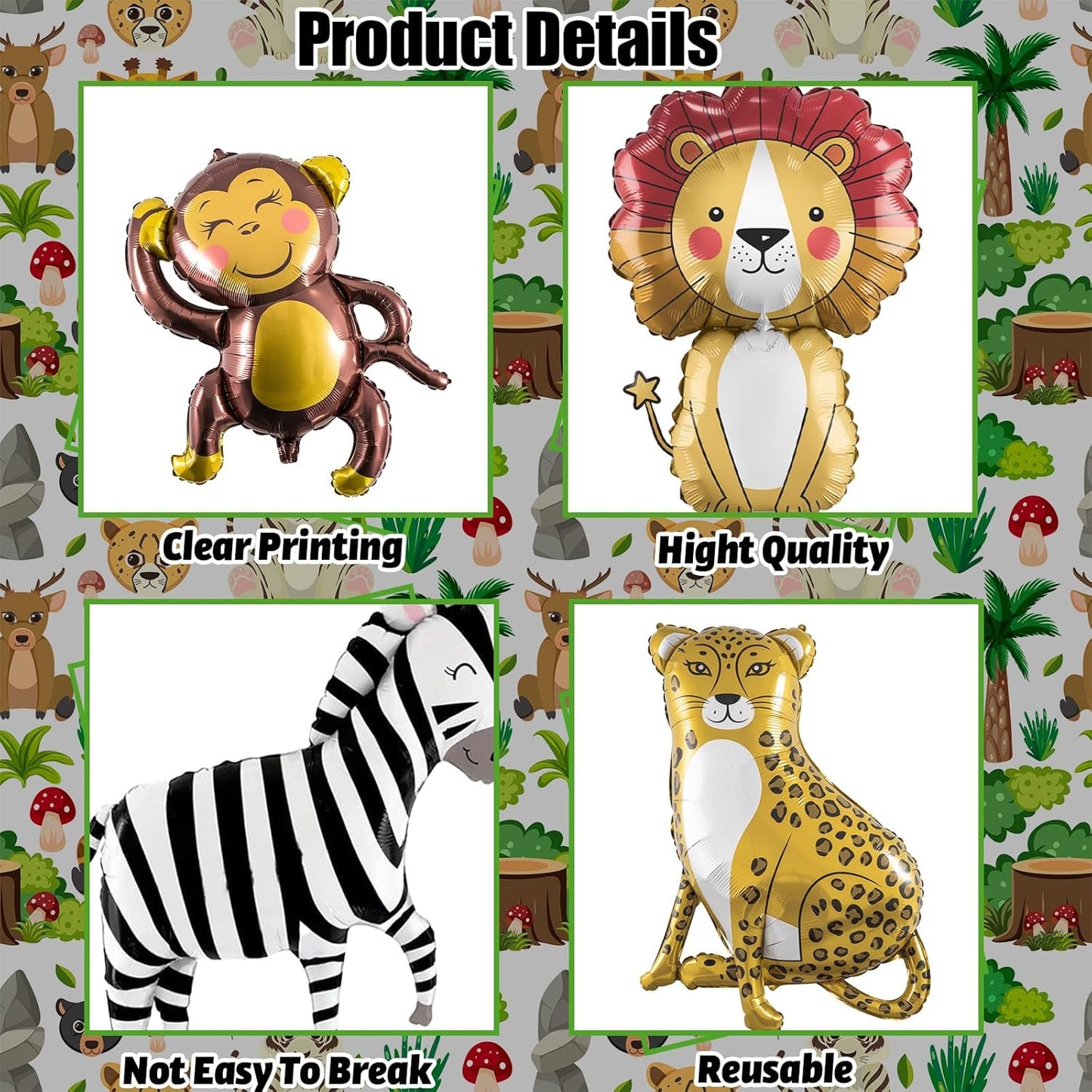 Jungle Safari Animals Balloons, Jungle Safari Theme Birthday Party Decorations, Lions Zebra Elephant Monkey Leopard Foil Balloons for Kids Boys Wild One Zoo Birthday Baby Shower Party Decor Supplies