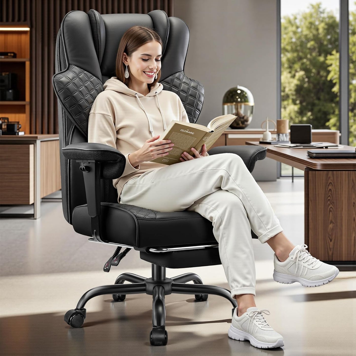 FelixKing Big and Tall Office Chair 500lbs - Ergonomic Desk Chair with Footrest, Scratch-Resistant PU Leather Computer Chair, 4D Lumbar Support Gaming Chair, Comfy Reclining Swivel Work Chair, Black
