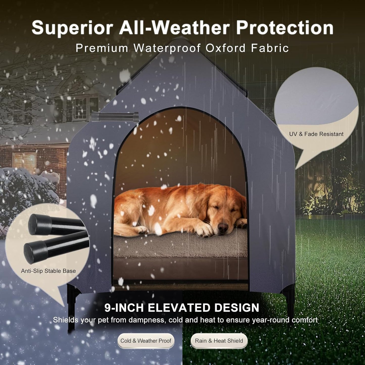 49" Large Elevated Dog House for Outdoor & Indoor Use, Weatherproof 600D PVC Fabric, Breathable Mesh Windows, Textilene Elevated Dog Bed, Easy Clean Dog Cot for Large Dogs