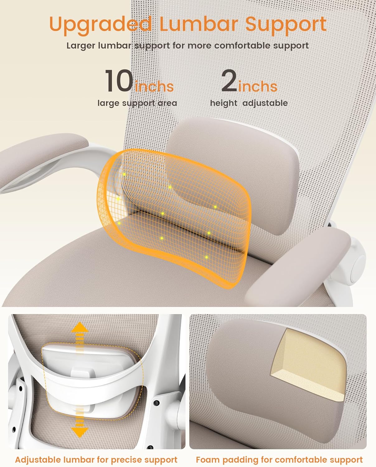 Office Chair, Ergonomic Desk Chair with Adjustable Lumbar Support and Flip up Armrest, Breathable Mesh Computer Chair for Home Office, Khaki