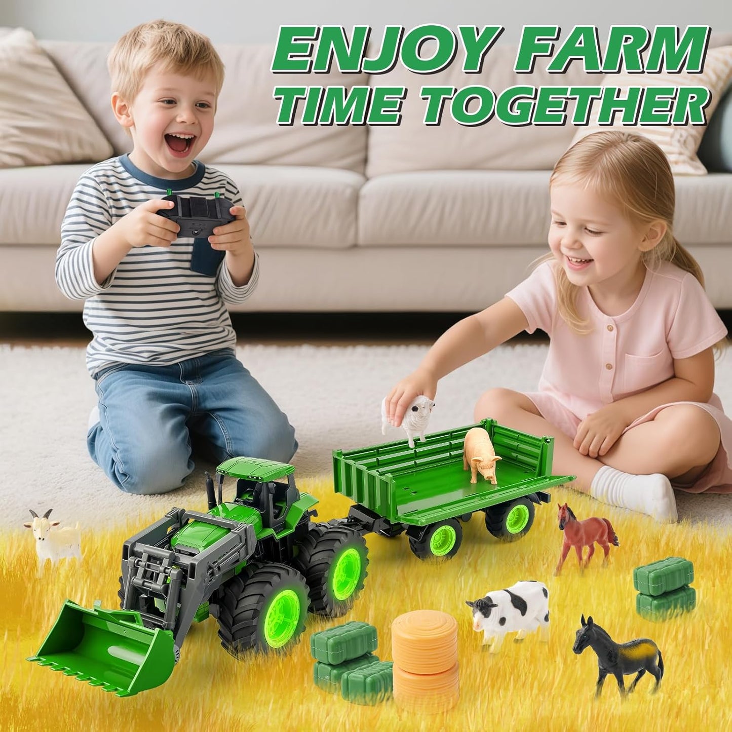 Remote Control Tractor Toy Set with Trailer & Farm Accessories, Light Up Farm Truck Toys for Boys & Girls 3, 4, 5, 6, 7 Year Old, 2.4 Ghz RC Tractor Toys, Ideal Christmas, Birthday Gifts for Kids