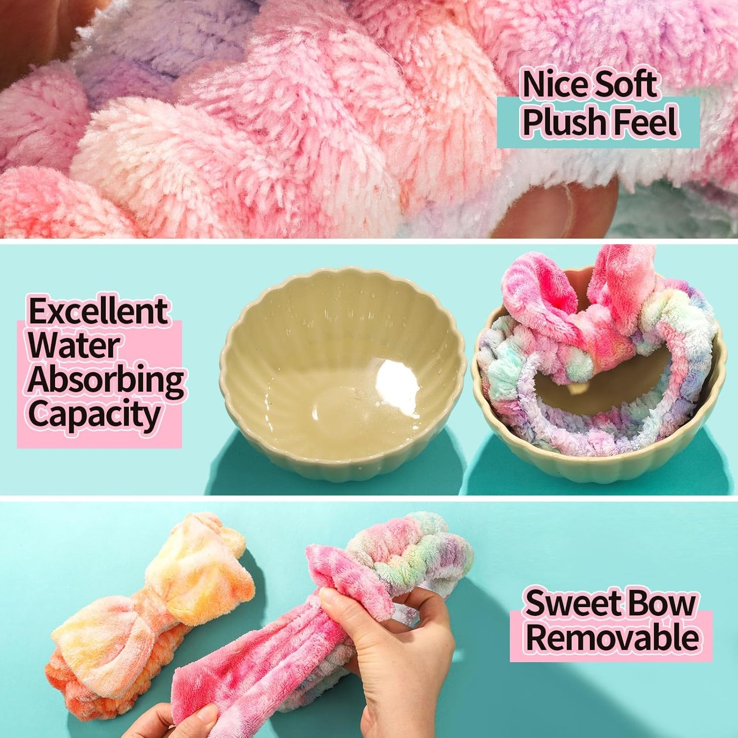 LEOBRO Spa Headband, 6pcs Makeup Headbands and Hair Scrunchies, Bow Skin Care Headband for Washing Face for Women Teen Girls, Hair Bands, Easter Basket Stuffers Valentines Galentines Day Gifts