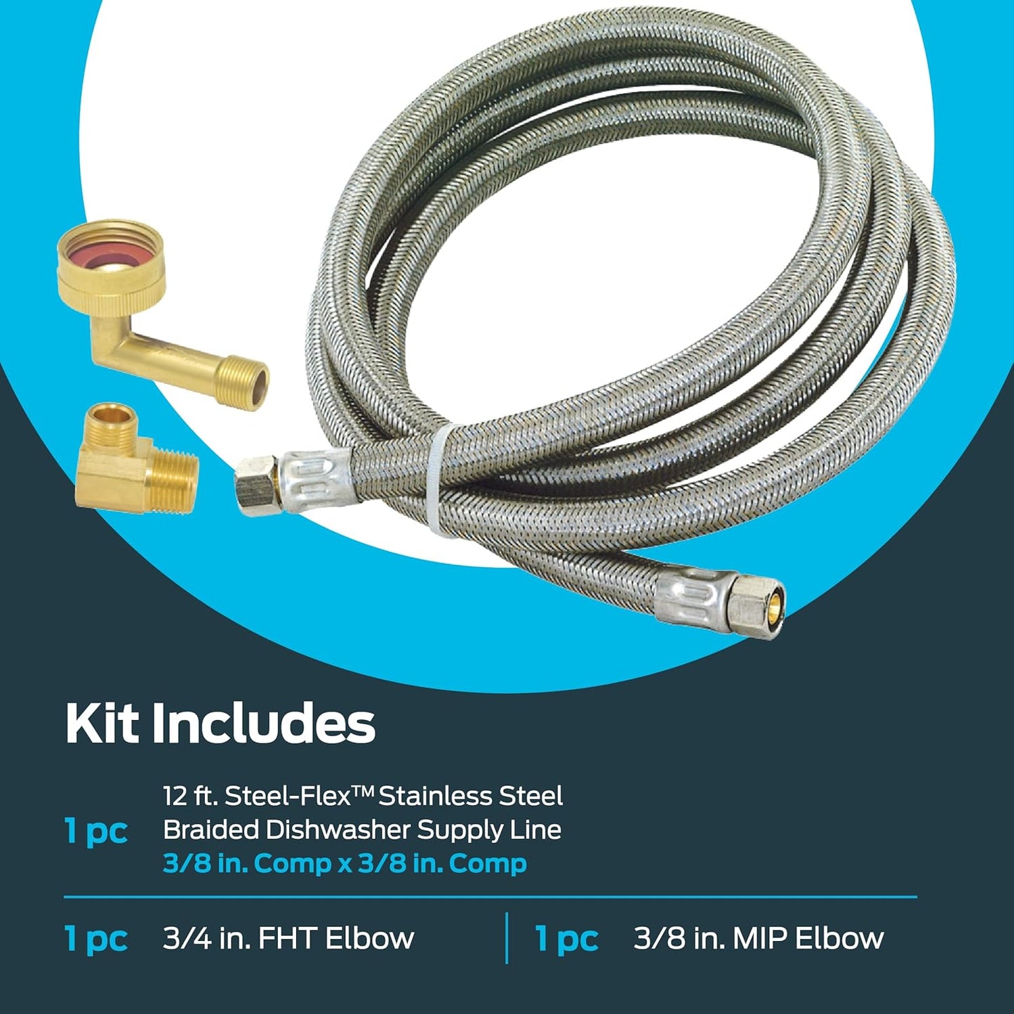 Eastman 12 Ft. Dishwasher Installation Kit, Braided Stainless Steel Supply Line with 3/8 Inch Compression Ends, 41058