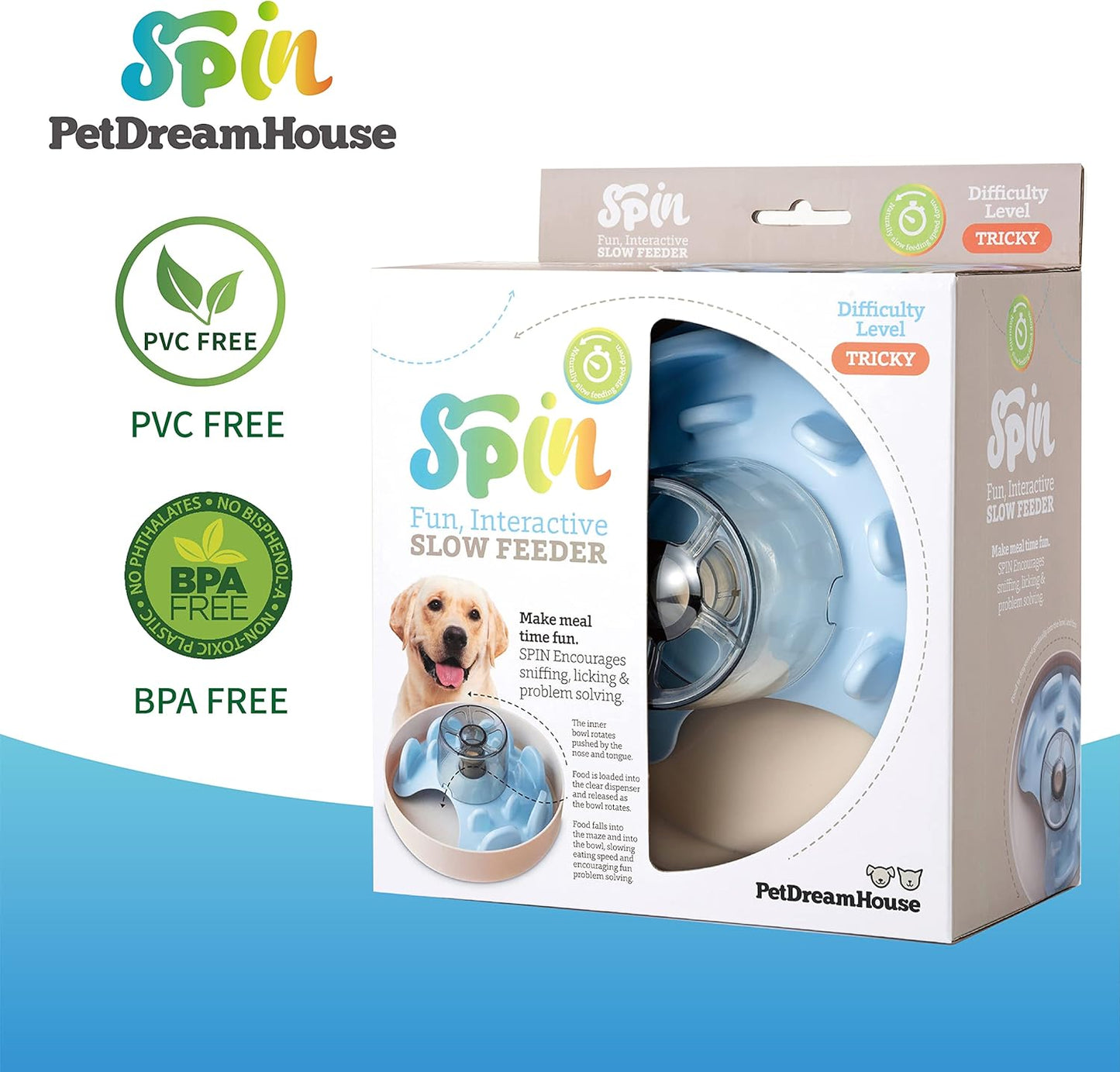 PetDreamHouse Spin Interactive Slow Feeder Bowl for Dogs - UFO Blue - Skill Level: Tricky - Fun and Healthy Feeding with Movable, Adjustable Center Puzzle Piece for All Dogs and Food Types