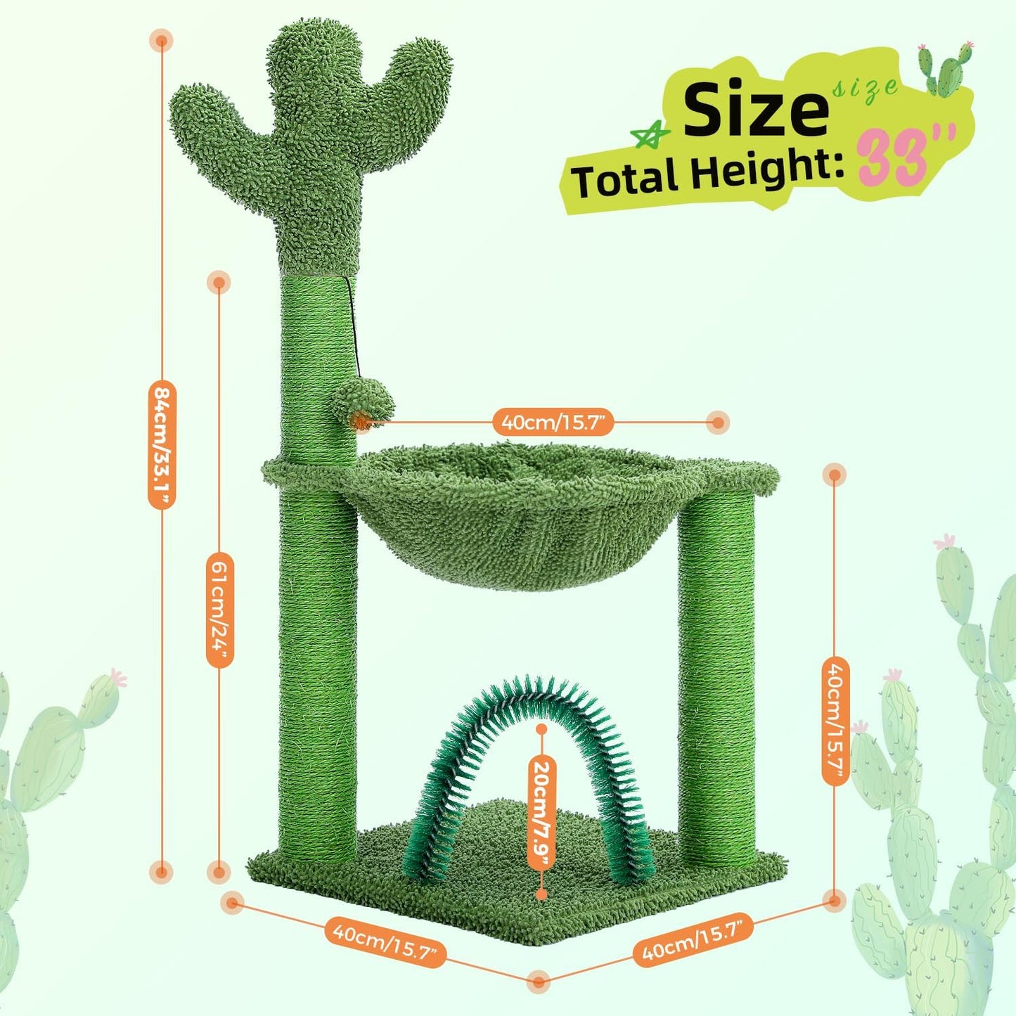PAWZ Road Cactus Cat Tree, 33 Inchs Cat Tower with Cat Self Groomer, Soft Hammock and Fully Wrapped Sisal Scratching Post for Indoor Cats
