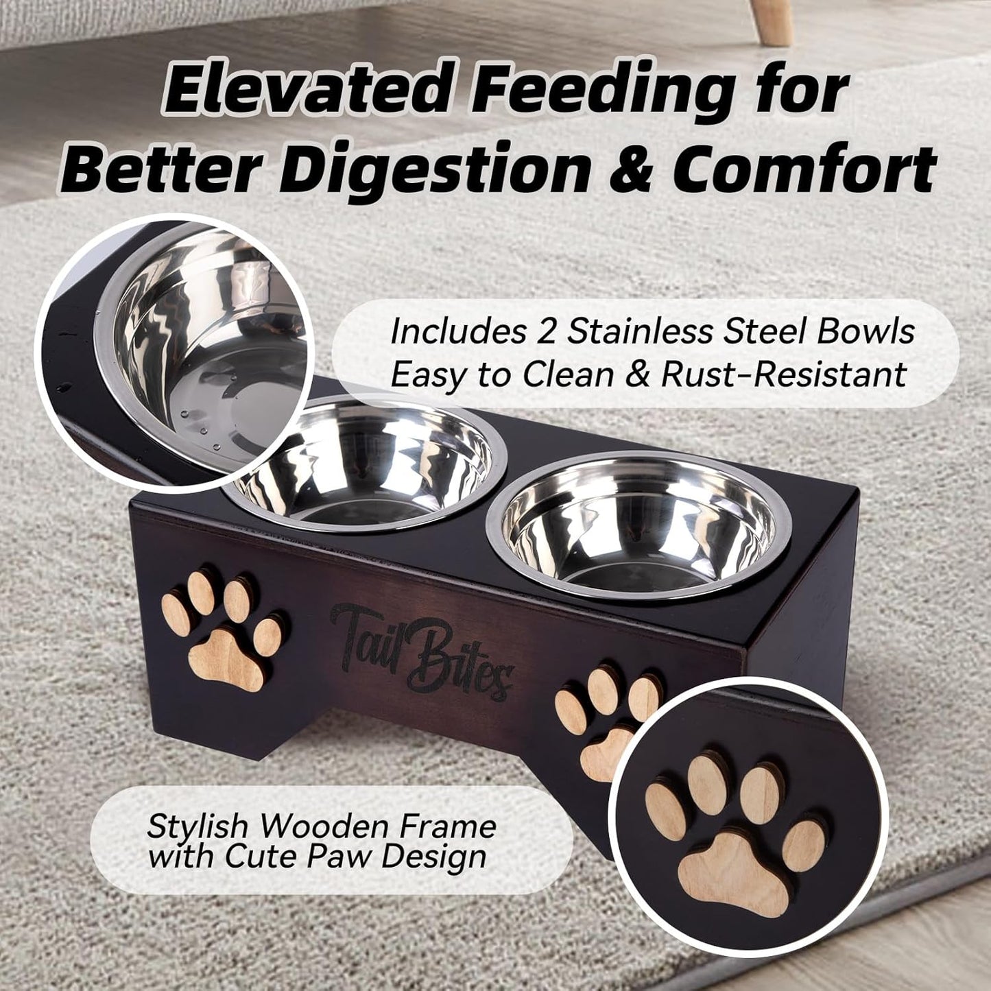 Raised Dog Bowls for Medium & Large Dogs – Wooden Elevated Dog Feeder Stand with 2 Stainless Steel Bowls + Bonus Chew Treat (14” x 7” x 6”)