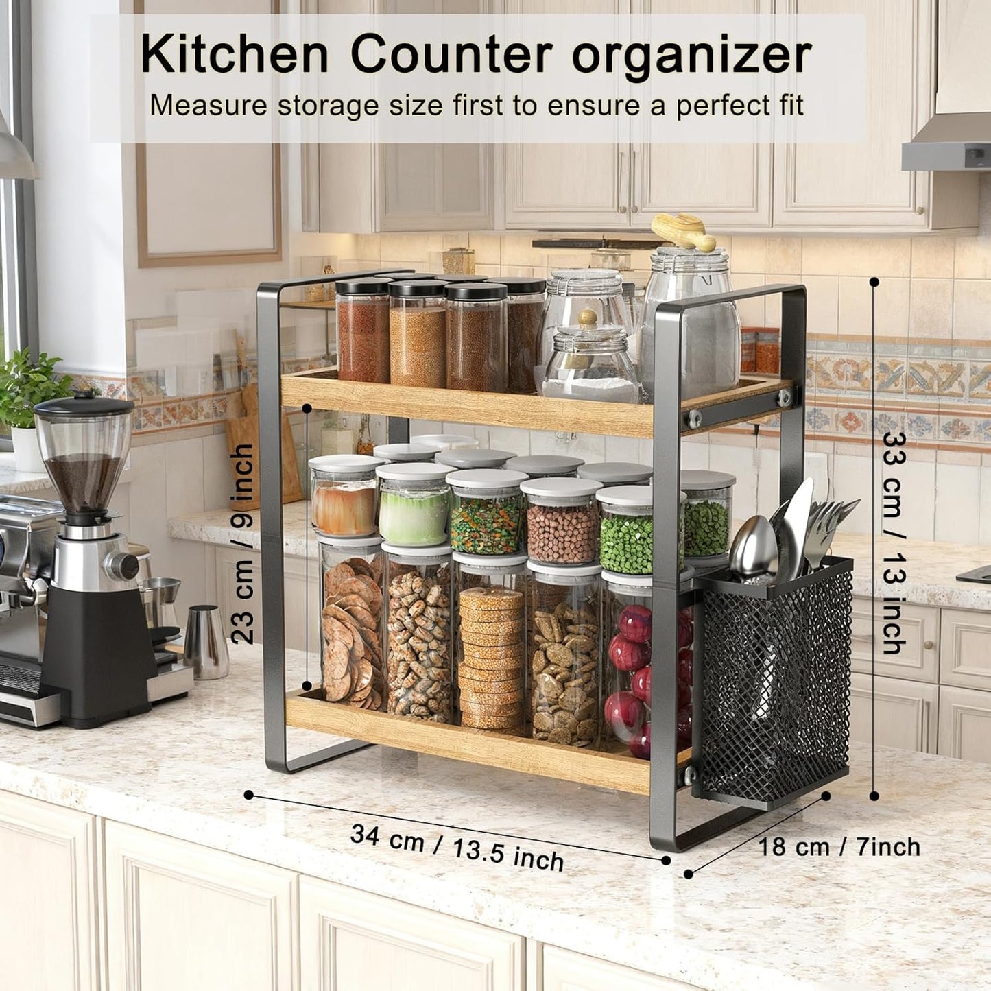LEMIKKLE 2-Tier Wood Coffee Bar Organizer With Basket,Kitchen organizers and storage,Spice Rack Organizer for Countertop,Kitchen