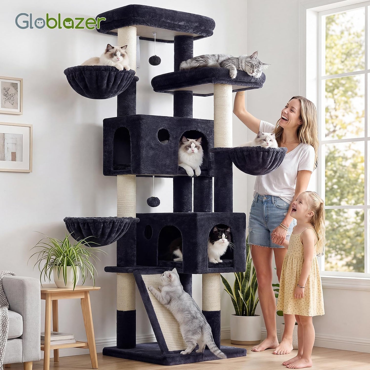 Globlazer Large Cat Tree, 72 inch Tall Cat Climbing Tower for Indoor Large Adult Cats Multi-Level Furniture Tree House with 2 Cozy Perches, 2 Padded Condos, 5 Sisal Scratching Posts, F72G, Dark Grey