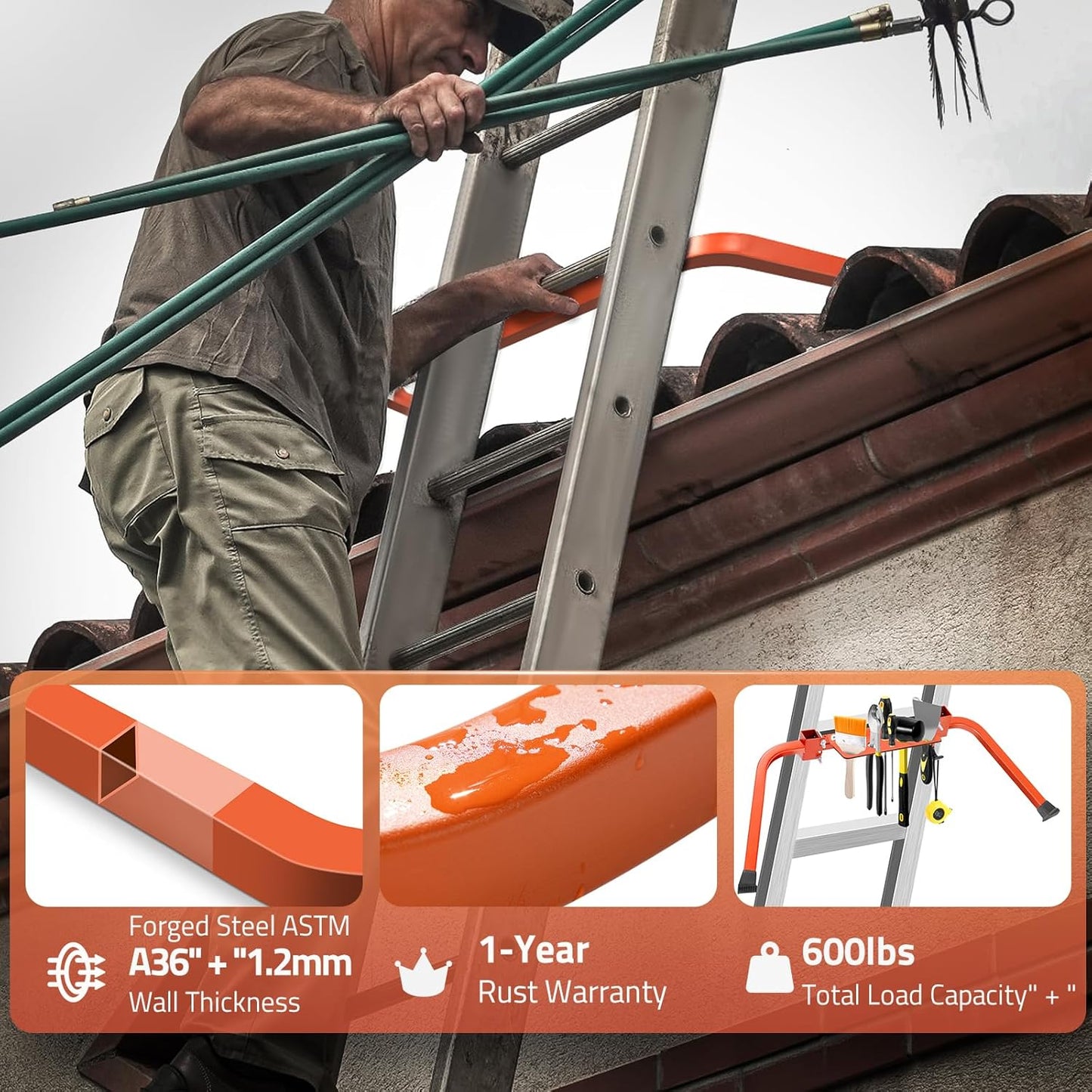Ladder Stabilizer with Tool Tray & Hook - Heavy Duty Roof Gutter Guard, Universal Ladder Stabilizer for Gutters/Windows, Safe Stabilizer for All Ladder Types