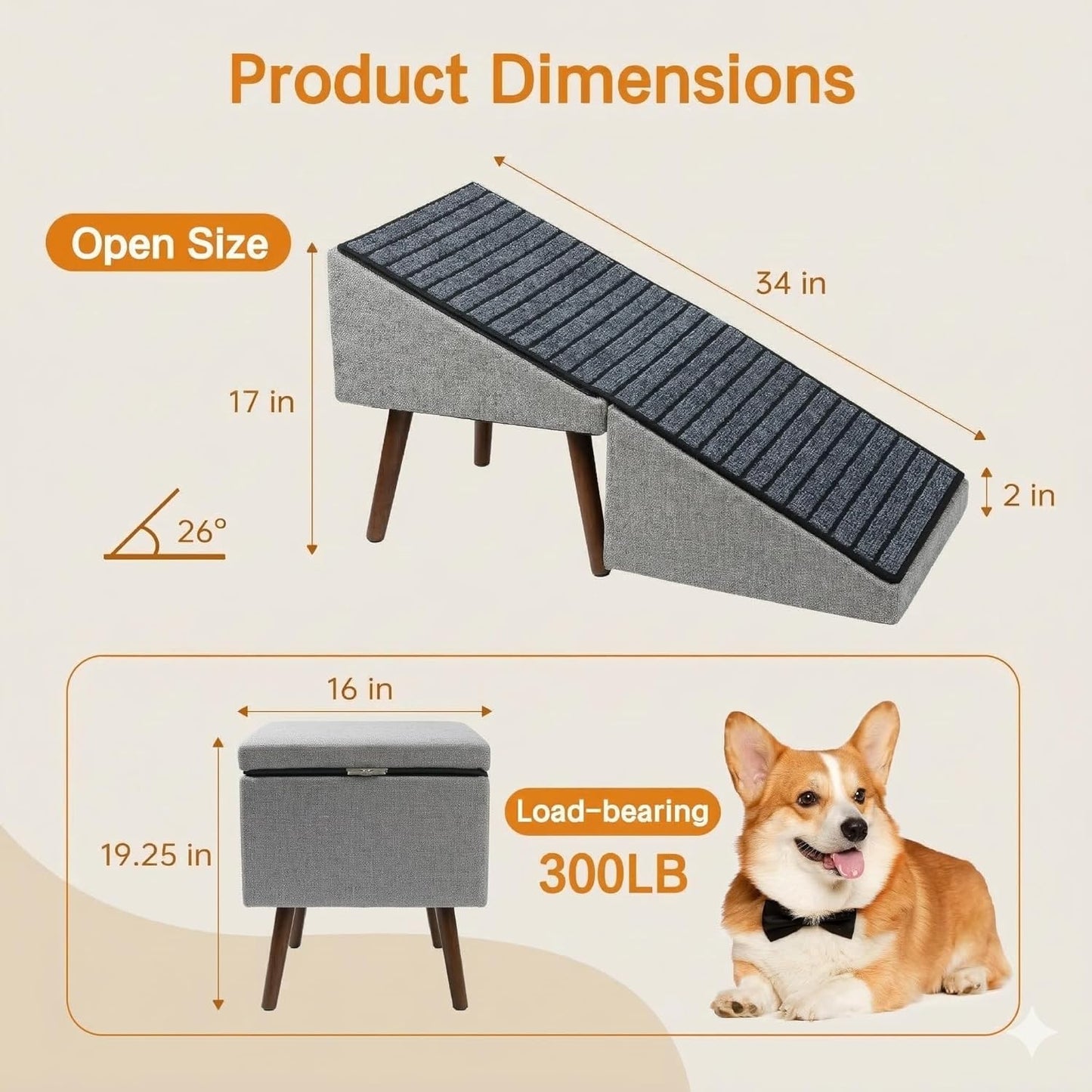 2-in-1 Dog Ramp and Stairs for Bed and Couch, 17 Inch High,Foldable Ottoman Ramp with Non-Slip Replaceable Carpet, Joint Relief for Small and Large Dogs
