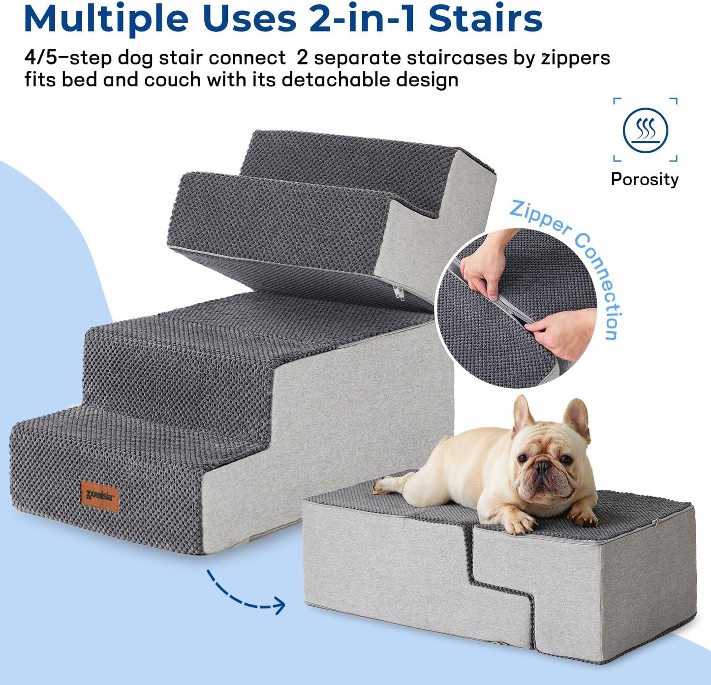 Dog Stairs for Small Dogs - Pet Stairs 2 in 1 with Zippers Suitable for Couch and Bed, 35D Foam Dog Steps with Non Slip Bottom Grey 4 Steps, Grey