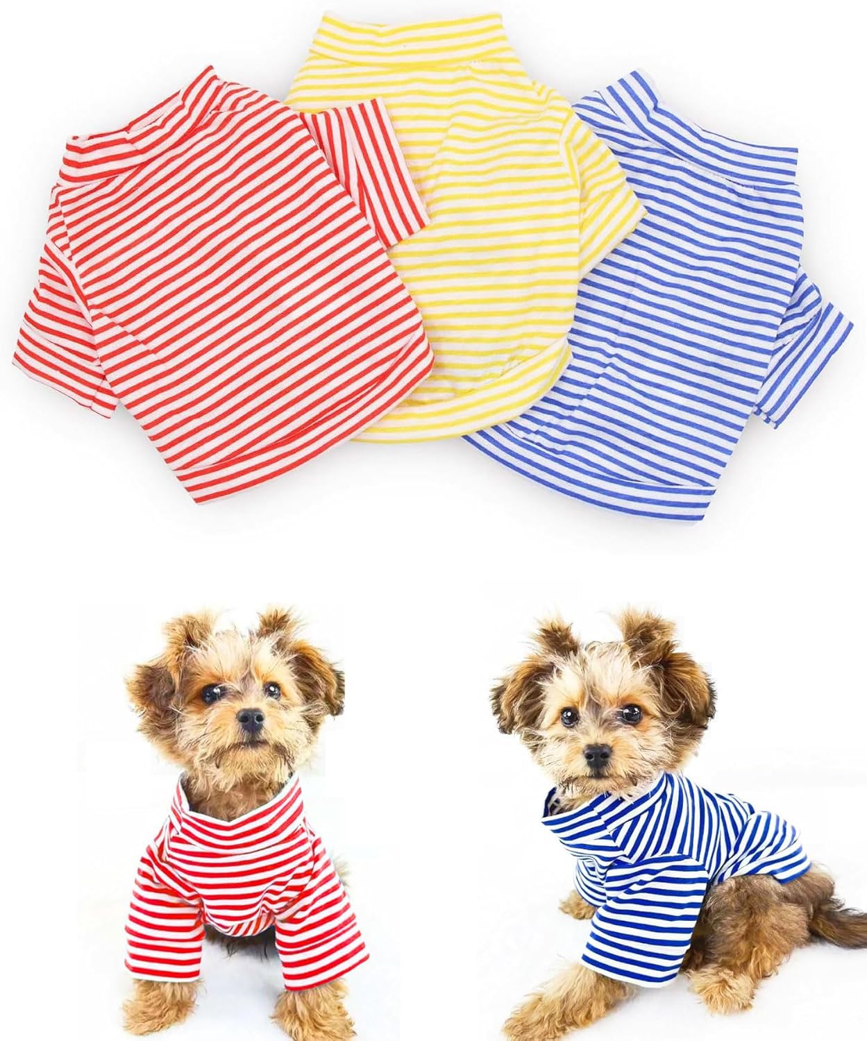 DroolingDog 3 Pack Striped Dog Shirts for Small Dogs - Girls & Boys Dog Clothes - Striped Puppy T Shirts, Small, Pack of 3