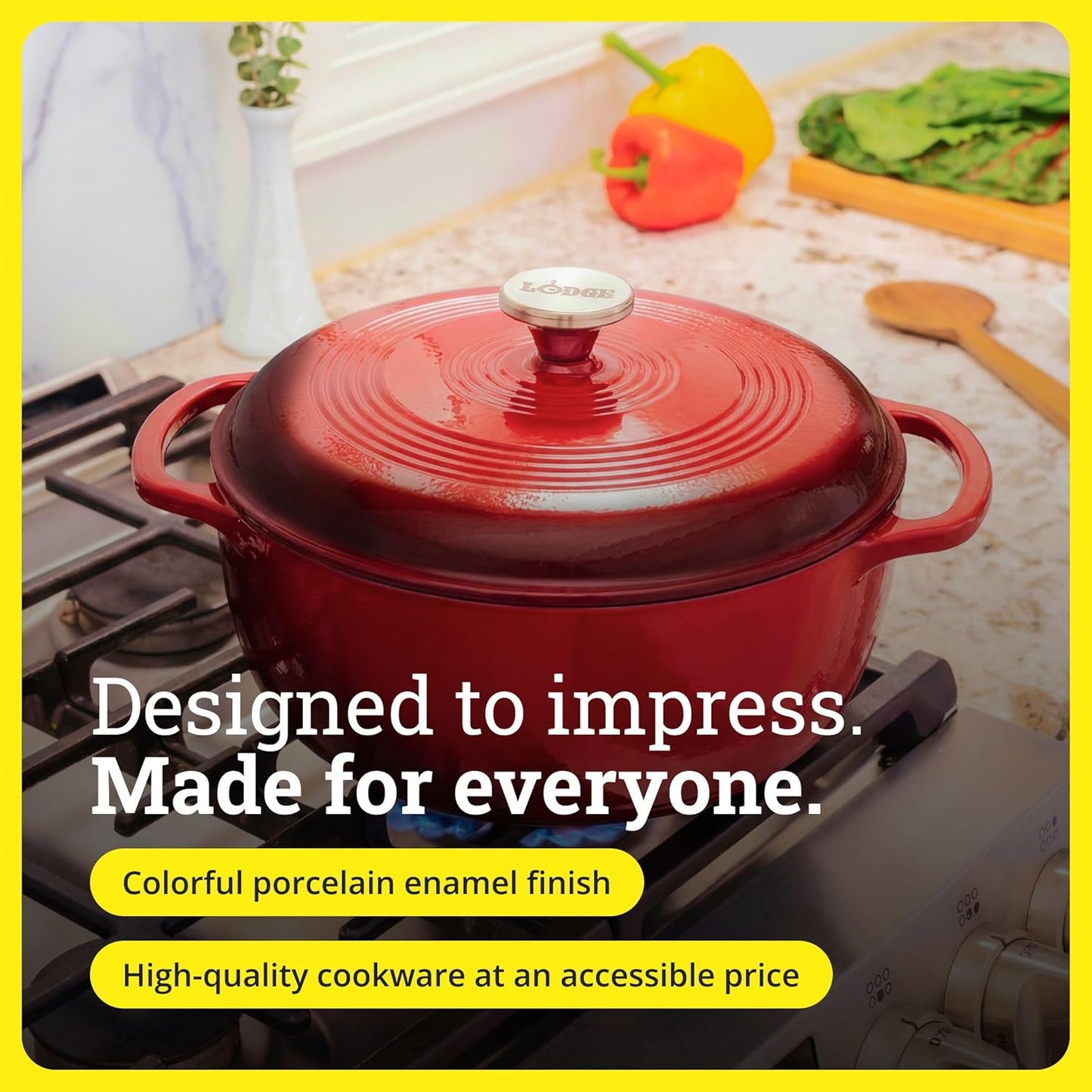 Lodge Essential Enamel Cast Iron Dutch Oven - Perfect for Bread Baking, Braising, Marinating & Slow Cooking - Features Moisture-Sealing Lid & Dual Handles - Kitchen Essentials - 6 Quarts - Island Spice Red
