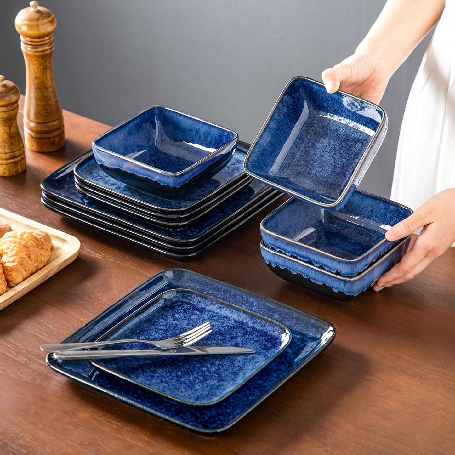 vancasso Stern Blue Dinner Set Square Reactive Glaze Tableware 12 Pieces Kitchen Dinnerware Stoneware Crockery Set with Dinner Plate, Dessert Plate, Bowl Service for 4