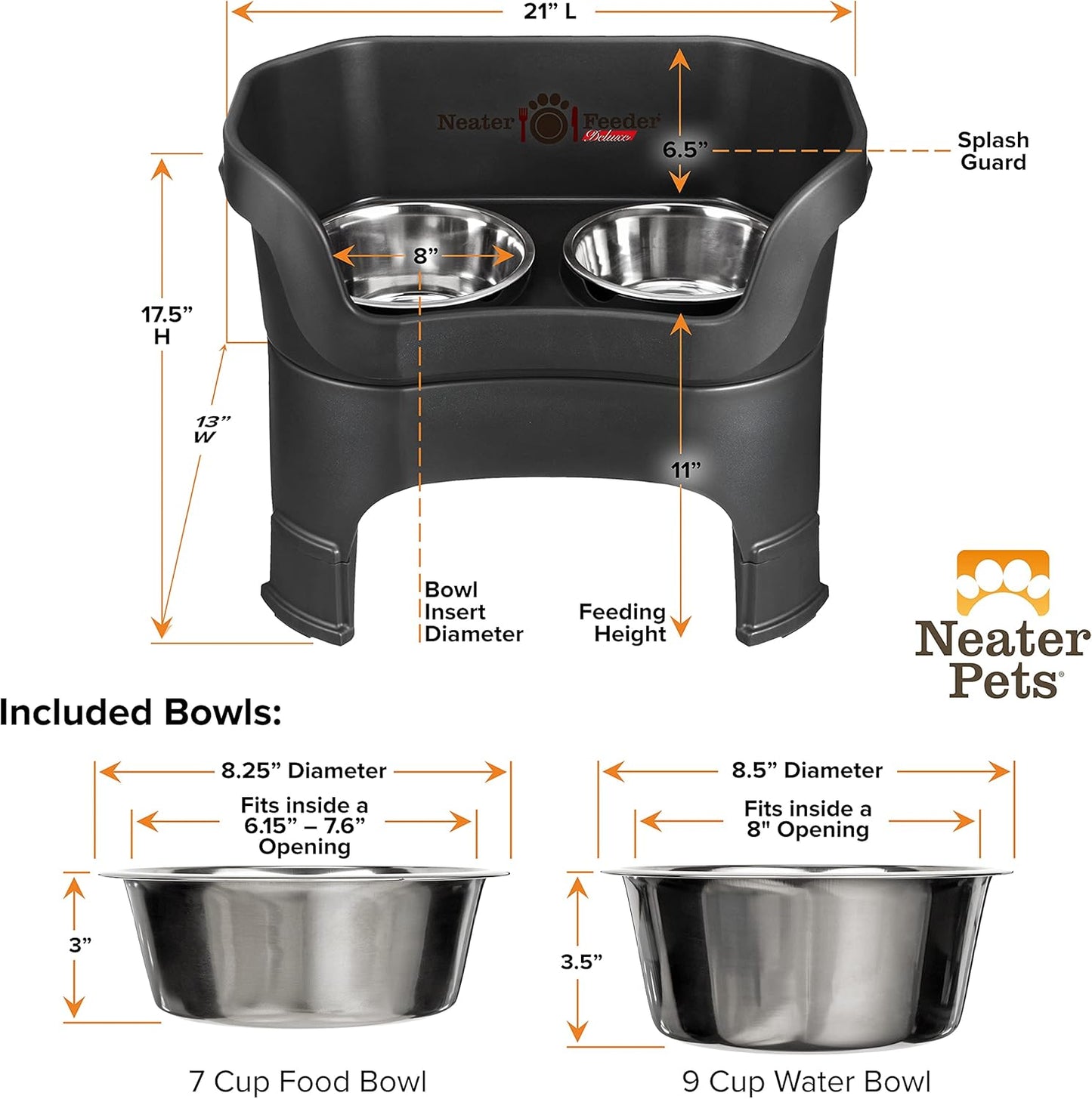 Neater Feeder Deluxe Mess-Proof Elevated Dog Bowls for Large Dogs (40+ lbs), 2 Height Adjustable (14.5” & 17.5”) No-Spill Raised Dog Bowl Stand, Stainless Steel Food Bowl Set, Made in USA, Black