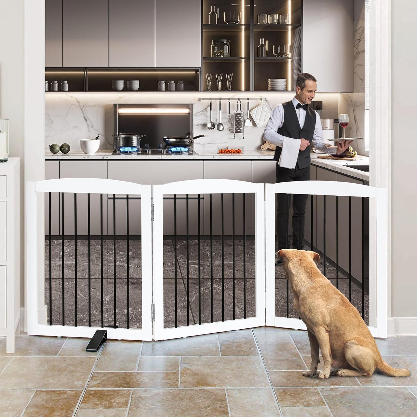 Freestanding Panel Dog Gate for Indoor, Doorways,Stairs, or Hallways,Foldable Wooden Dog Fence for House,Pet Gate for Dogs, Puppy Gate,Support Feet Included,24 "Height-3 Panels,White