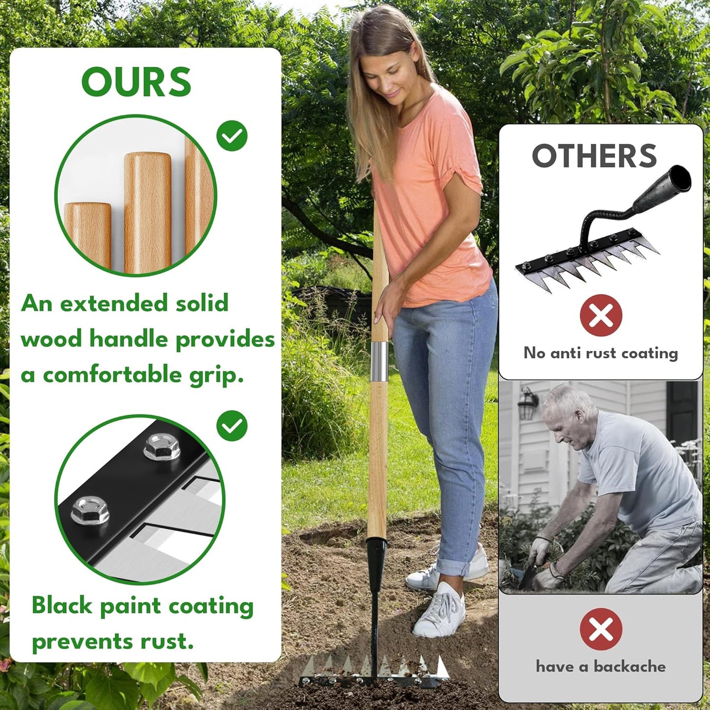 Iron Weeding Rake with Handle 2.0, Upgraded 8 Teeths Garden Weed Puller Tool Heavy Duty Gardening Tool for Lawn, Flower Beds & Soil Aeration